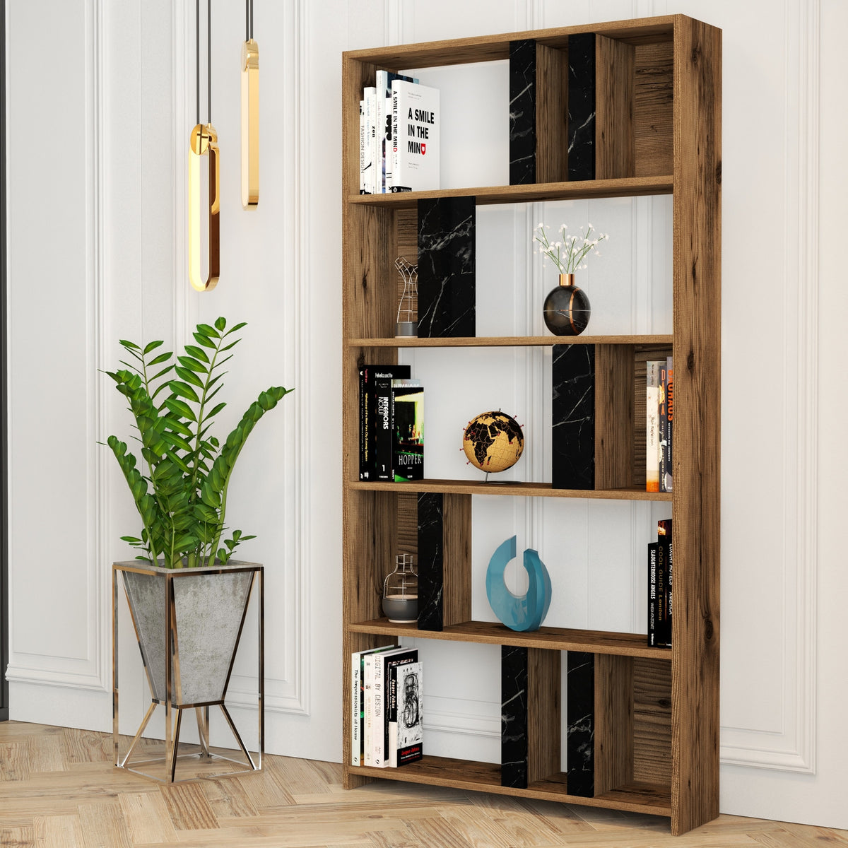 Βιβλιοθήκη Agapi Καρυδί - Μαύρο Μάρμαρο 90x20x180 εκ. Μελαμίνης