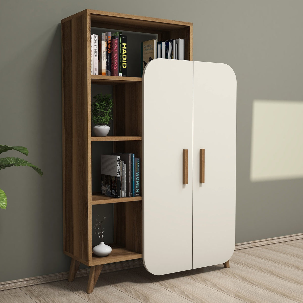 Βιβλιοθήκη Pollonia Καρυδί - Κρεμ 90x32x132 εκ. Μελαμίνης - Pakobazaar