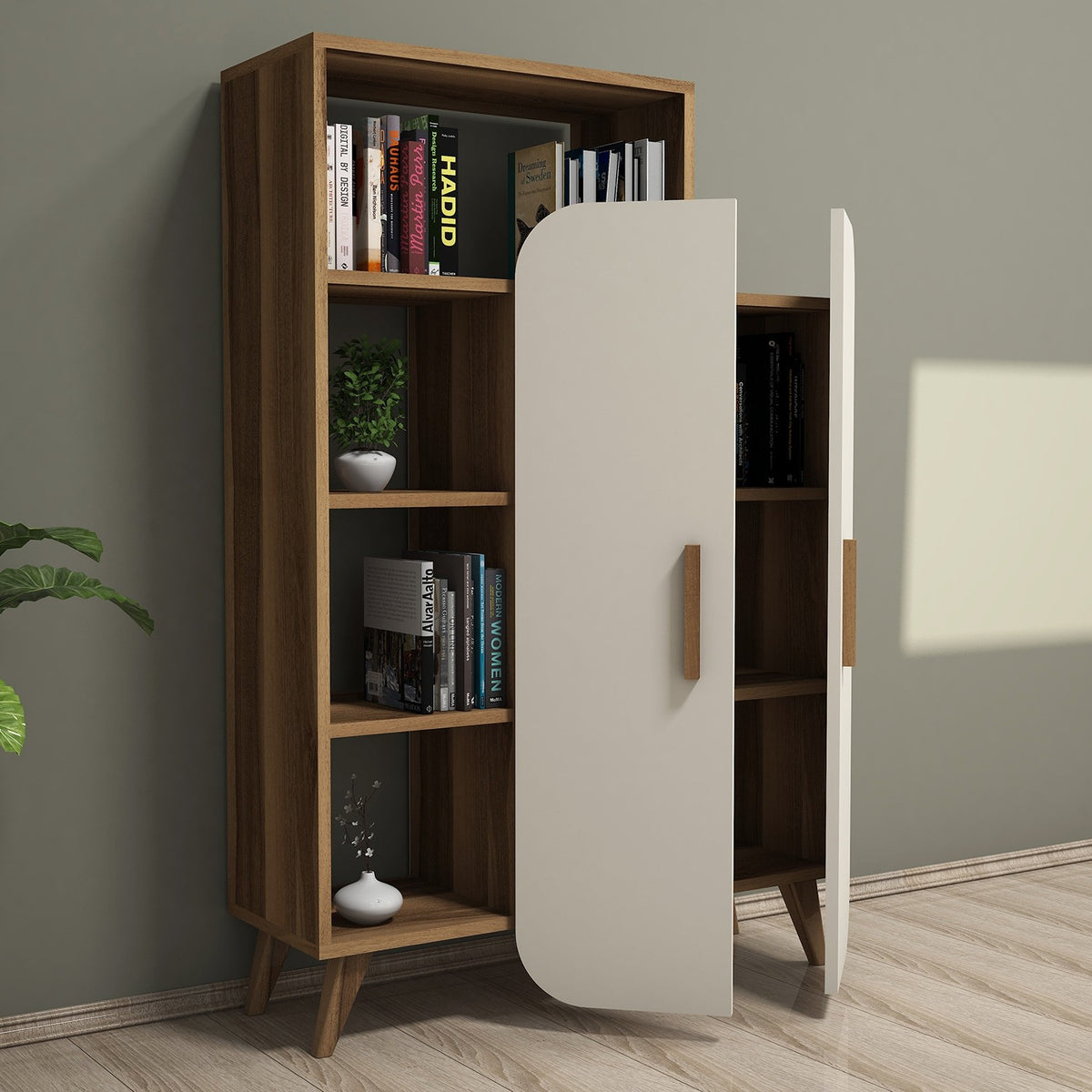Βιβλιοθήκη Pollonia Καρυδί - Κρεμ 90x32x132 εκ. Μελαμίνης - Pakobazaar