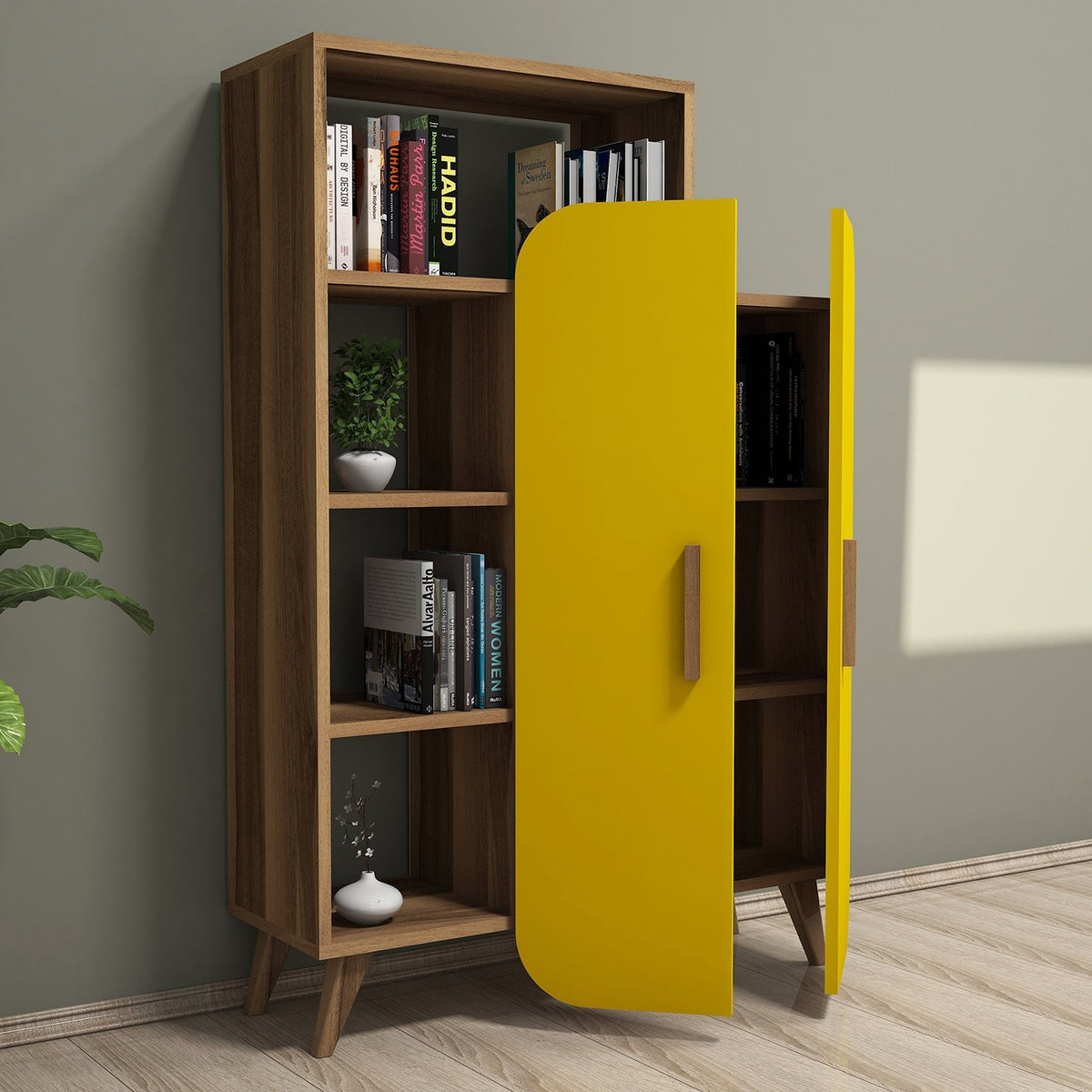 Βιβλιοθήκη Pollonia Καρυδί - Κίτρινο 90x32x132 εκ. Μελαμίνης