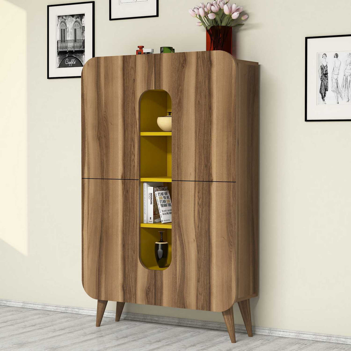 Στήλη Αποθήκευσης Kakopetria Καρυδί - Κίτρινο 93x31.8x144 εκ. Μελαμίνης