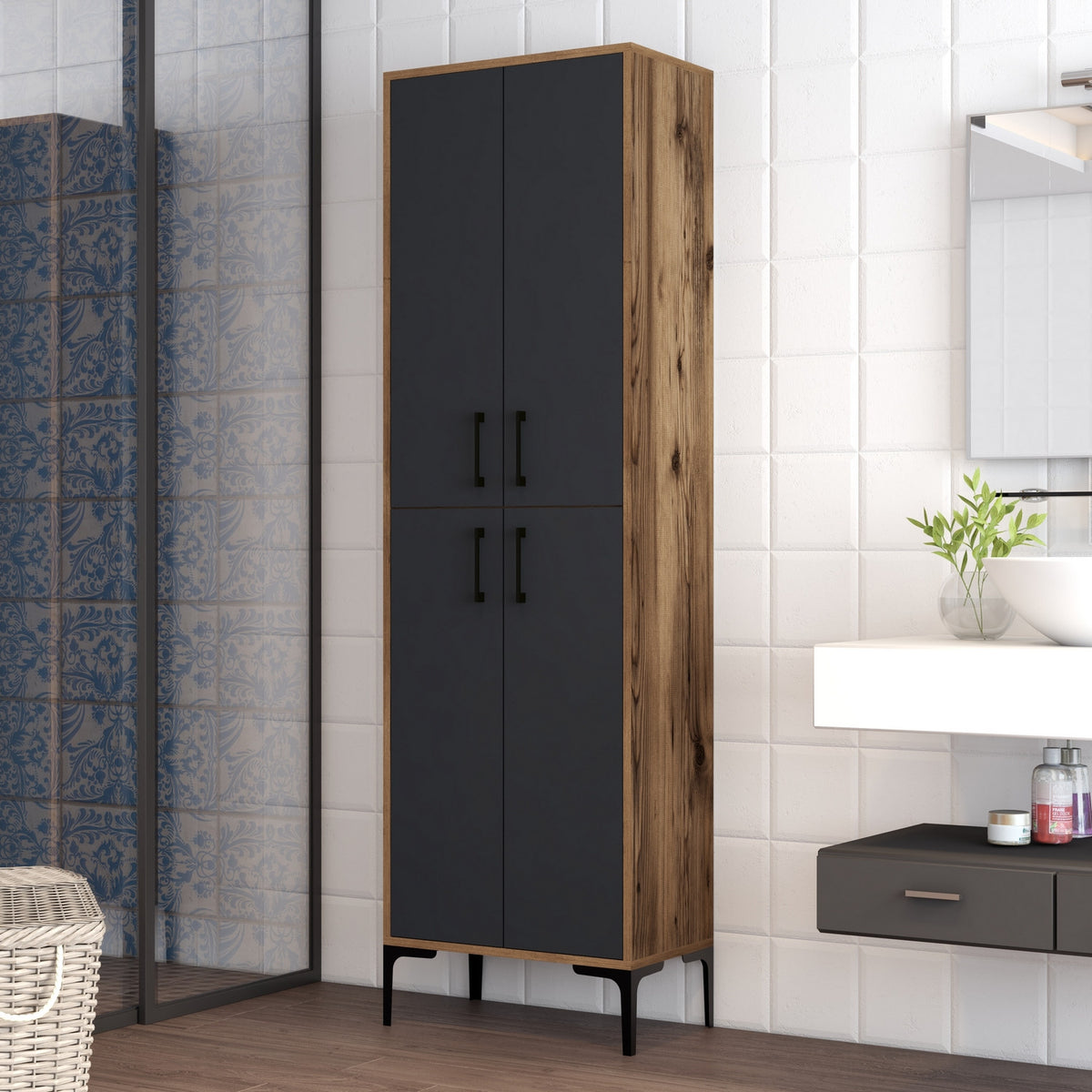 Στήλη Αποθήκευσης Nikiti Καρυδί - Ανθρακί 60x35x200 εκ. Μελαμίνης - Pakobazaar