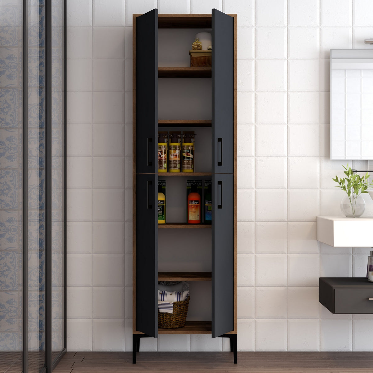 Στήλη Αποθήκευσης Nikiti Καρυδί - Ανθρακί 60x35x200 εκ. Μελαμίνης - Pakobazaar