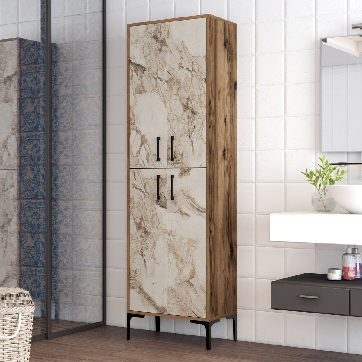 Στήλη Αποθήκευσης Nikiti Καρυδί - Λευκό 60x35x200 εκ. Μελαμίνης