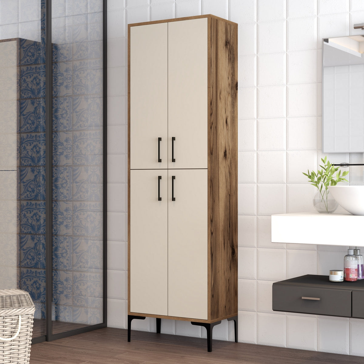 Στήλη Αποθήκευσης Nikiti Καρυδί - Κρεμ 60x35x200 εκ. Μελαμίνης