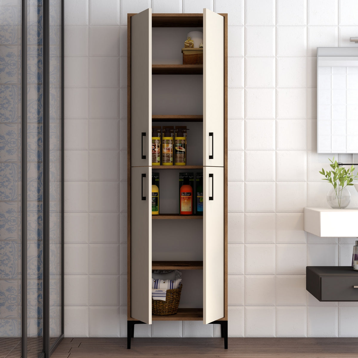 Στήλη Αποθήκευσης Nikiti Καρυδί - Κρεμ 60x35x200 εκ. Μελαμίνης