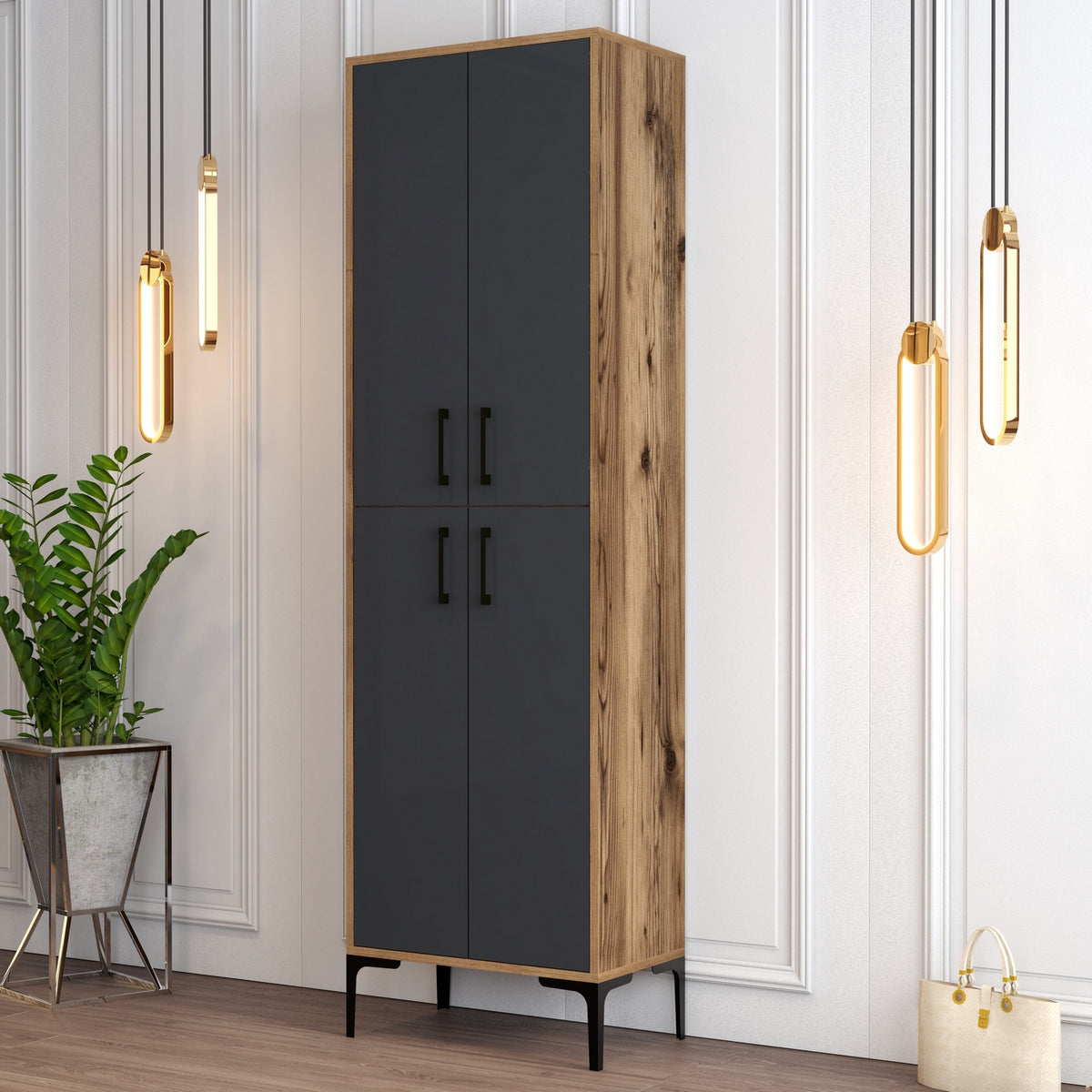 Παπουτσοθήκη Nikiti Με Ράφια Καρυδί - Ανθρακί 60x35x200 εκ. Μελαμίνης