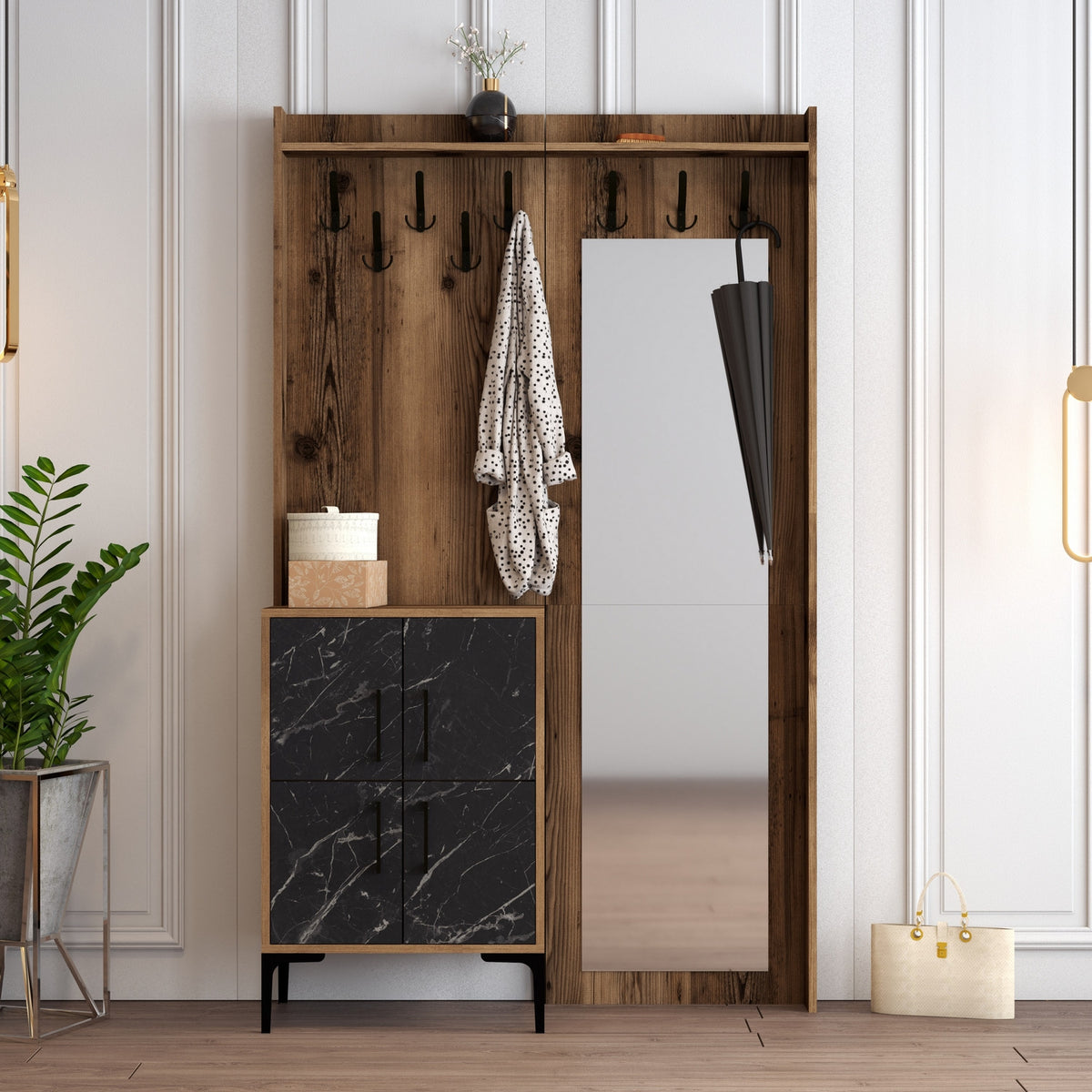 Έπιπλο Εισόδου Skaloma Καρυδί - Μαύρο Μάρμαρο 120x35x200 εκ. Μελαμίνης