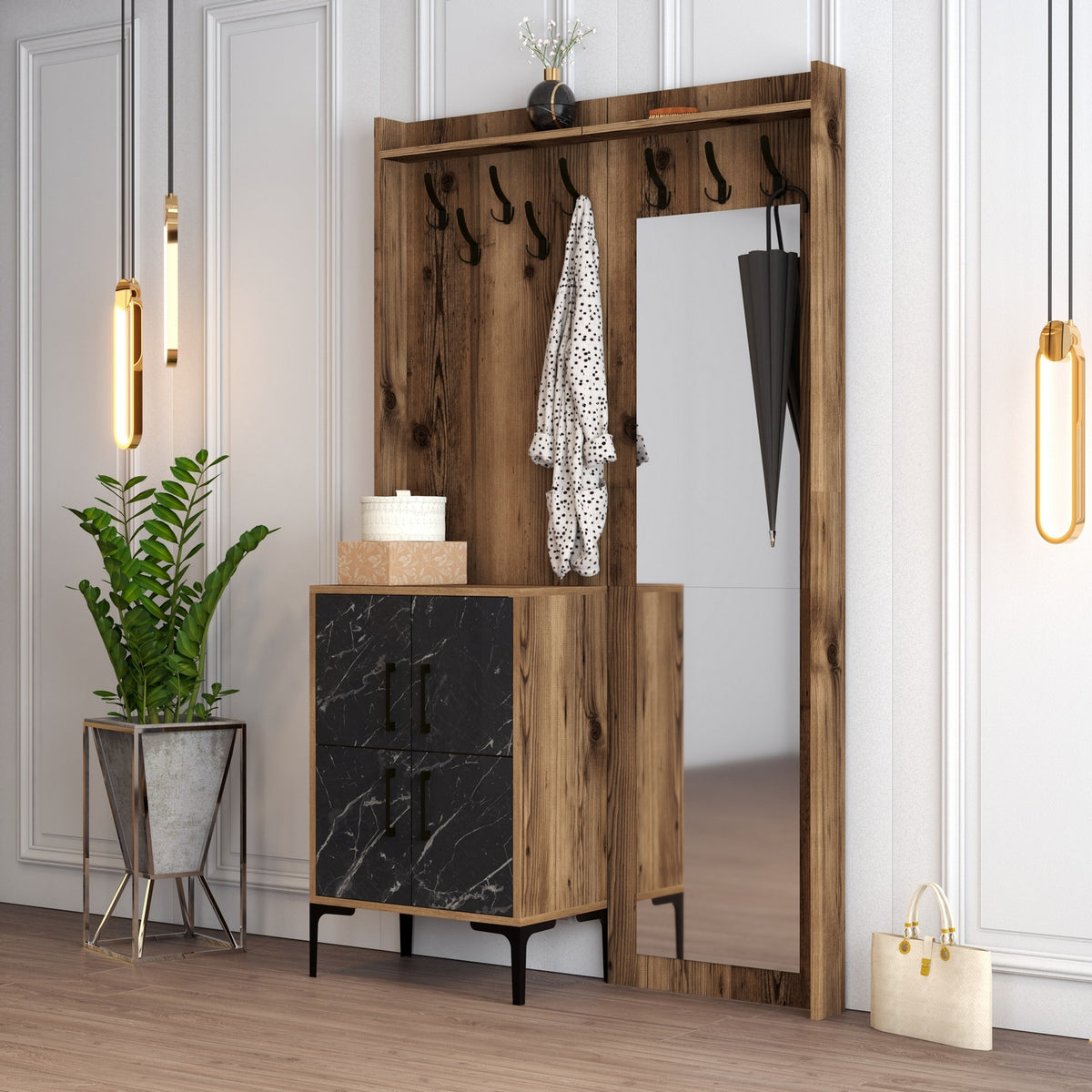 Έπιπλο Εισόδου Skaloma Καρυδί - Μαύρο Μάρμαρο 120x35x200 εκ. Μελαμίνης