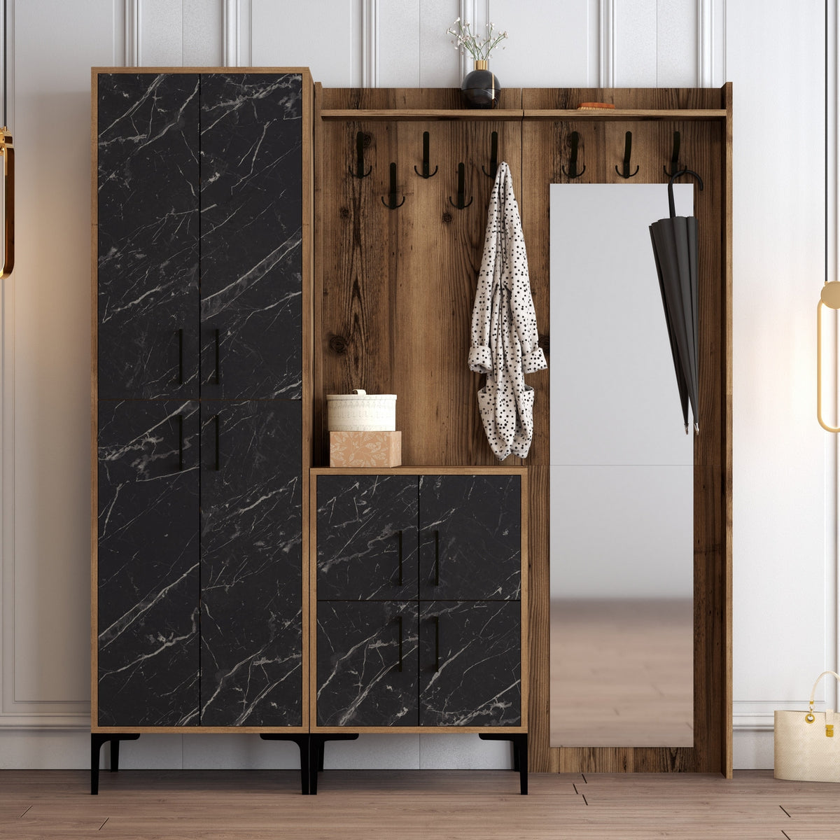 Έπιπλο Εισόδου Sesklo Καρυδί - Μαύρο Μάρμαρο 180x35x200 εκ. Μελαμίνης