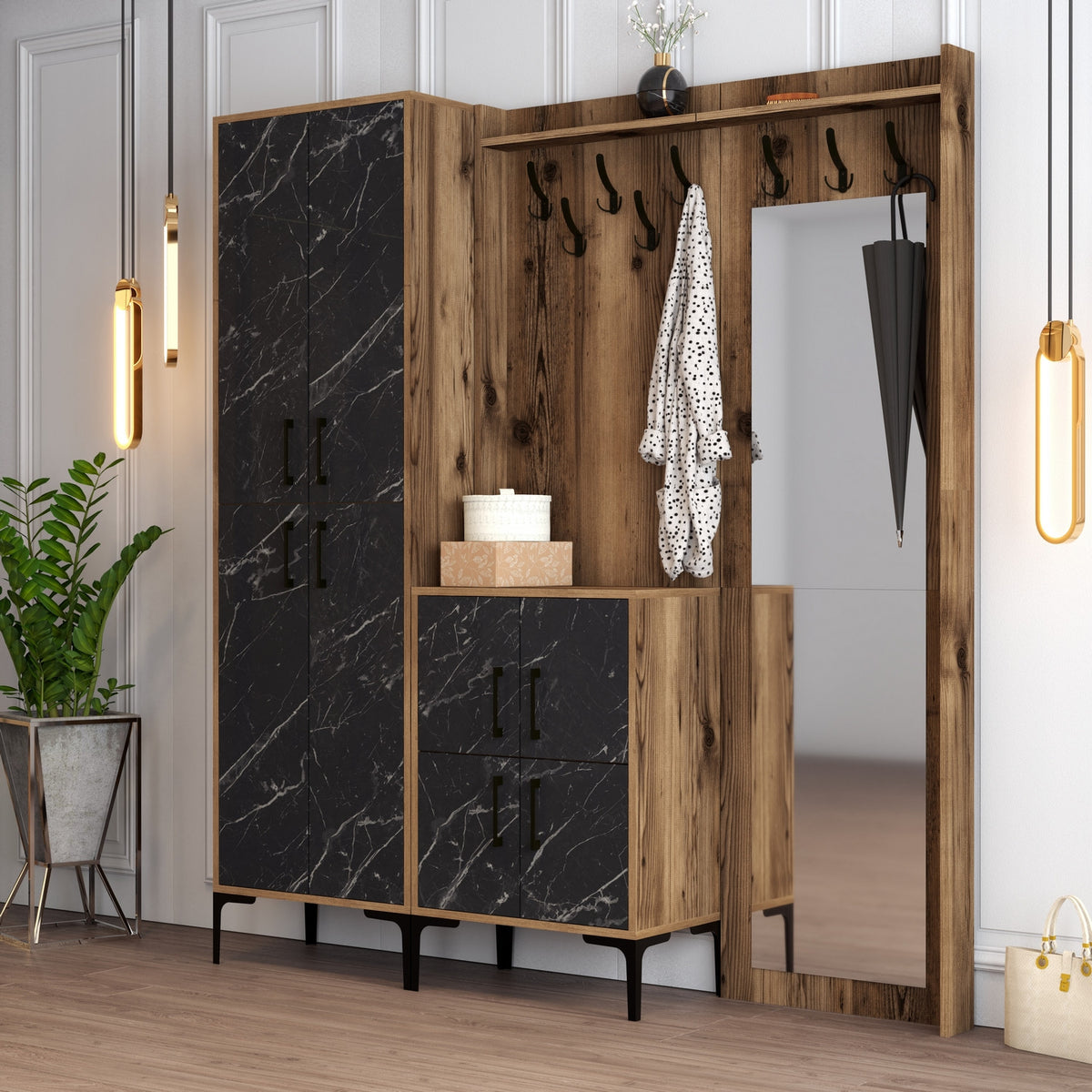 Έπιπλο Εισόδου Sesklo Καρυδί - Μαύρο Μάρμαρο 180x35x200 εκ. Μελαμίνης