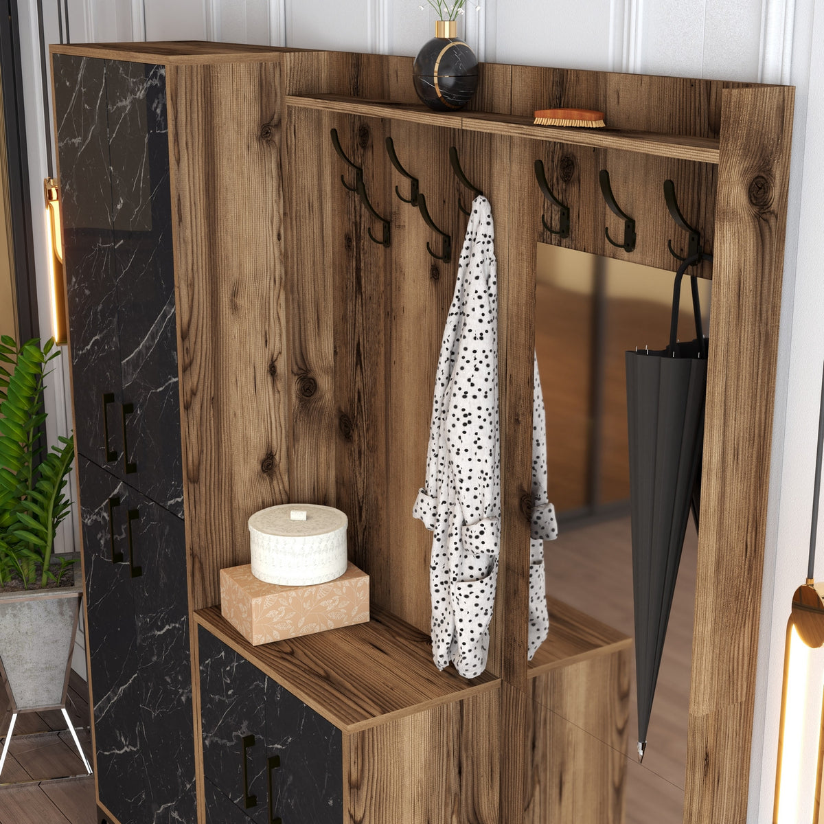 Έπιπλο Εισόδου Sesklo Καρυδί - Μαύρο Μάρμαρο 180x35x200 εκ. Μελαμίνης