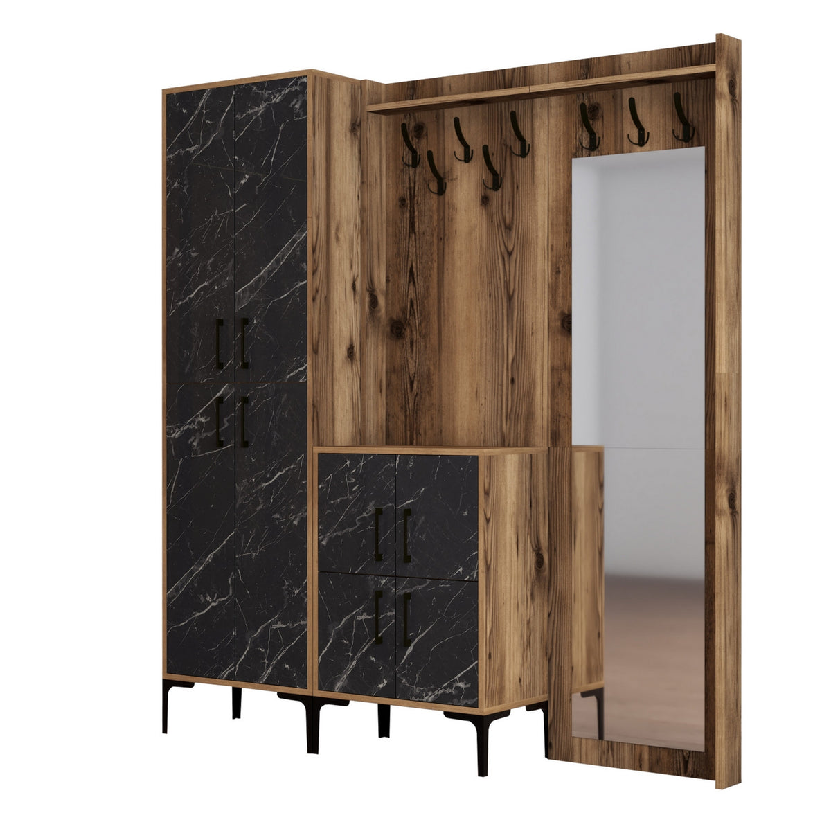 Έπιπλο Εισόδου Sesklo Καρυδί - Μαύρο Μάρμαρο 180x35x200 εκ. Μελαμίνης