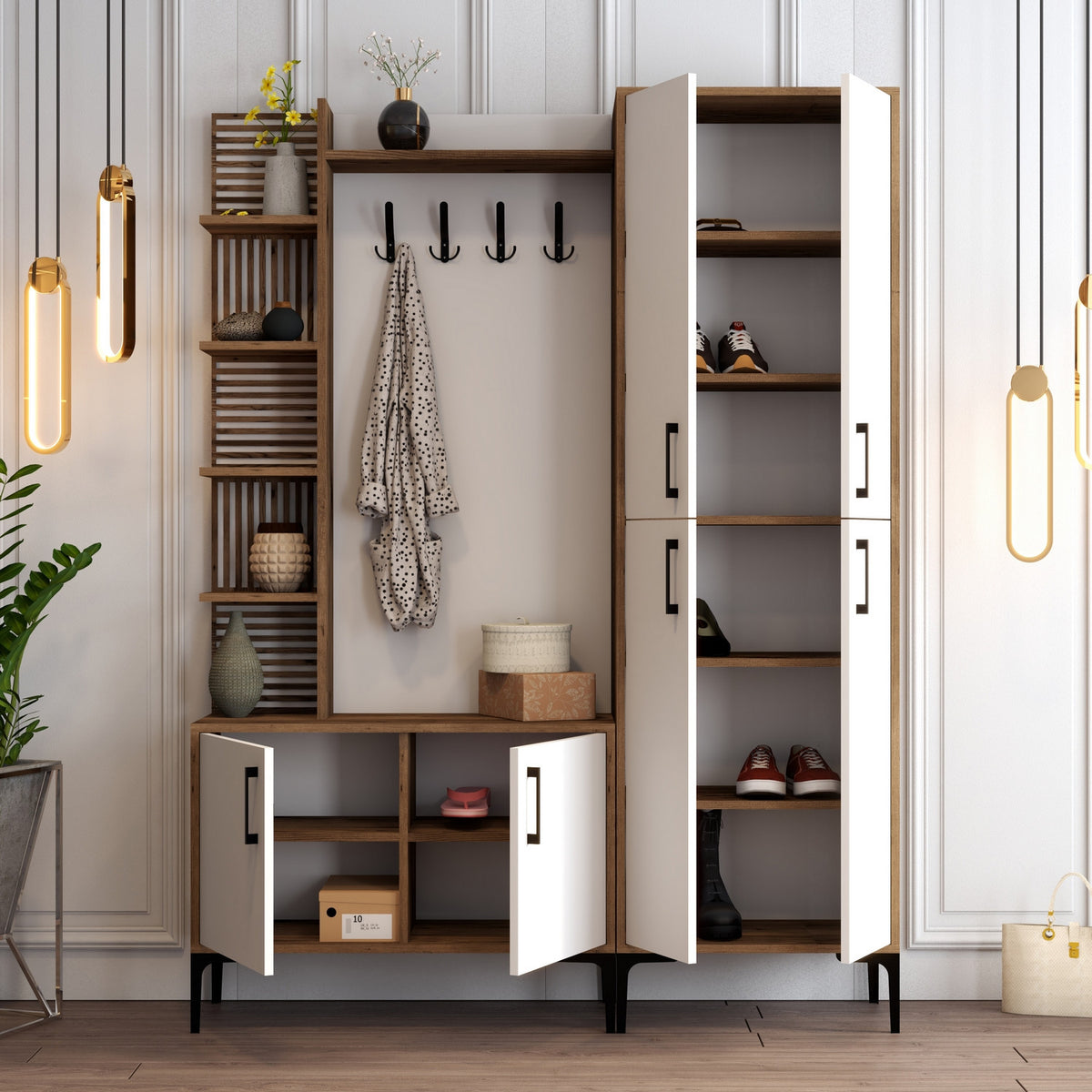 Έπιπλο Εισόδου Petra Καρυδί - Λευκό 150x35x200 εκ. Μελαμίνης - Pakobazaar