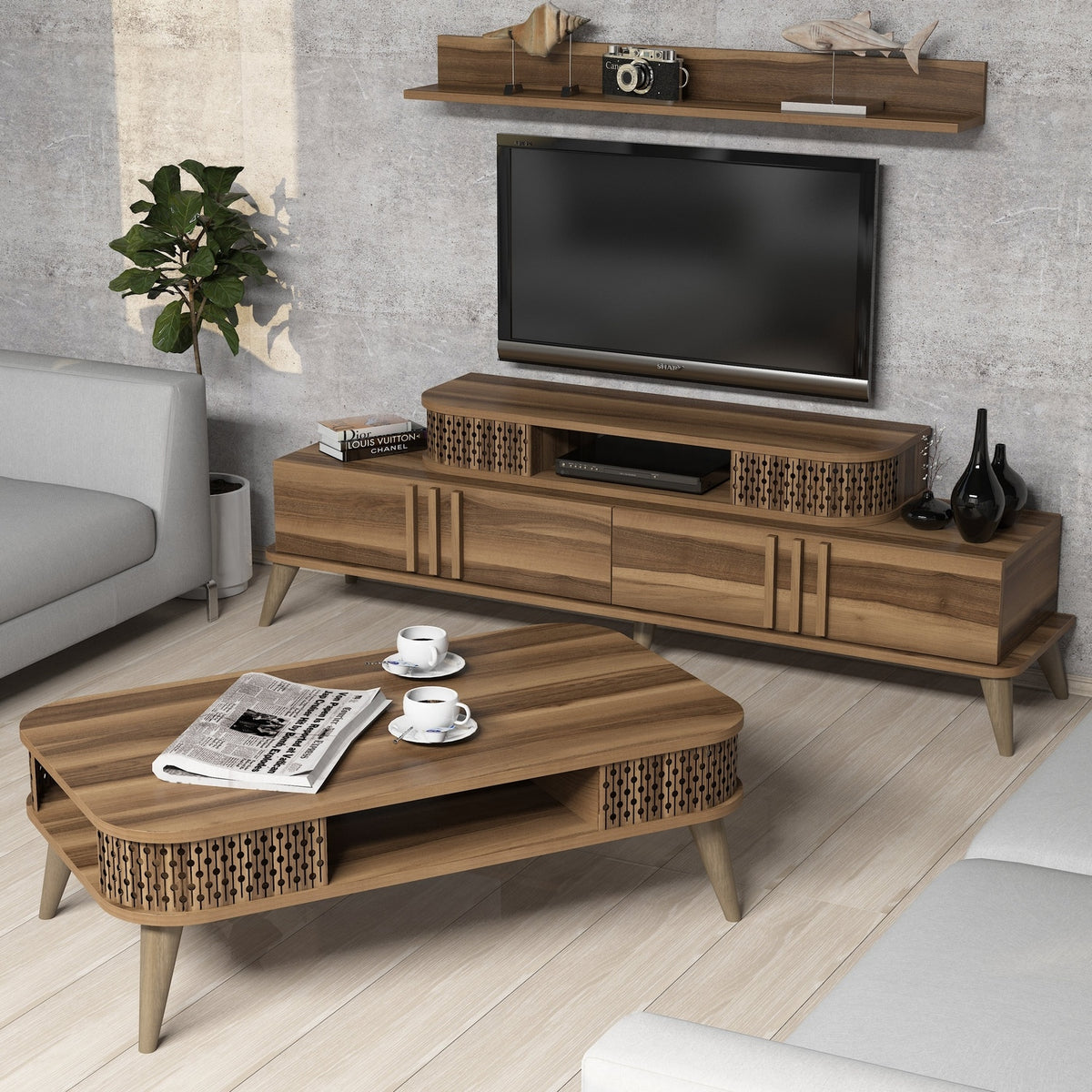 Σετ Σαλονιού Trypiti Καρυδί 168x39x51.6 εκ. Μελαμίνης