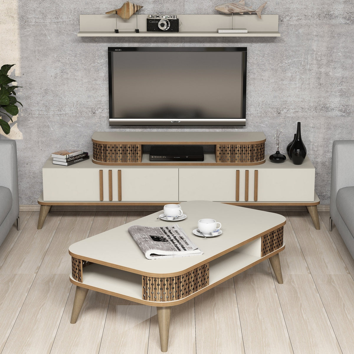 Σετ Σαλονιού Trypiti Κρεμ 168x39x51.6 εκ. Μελαμίνης