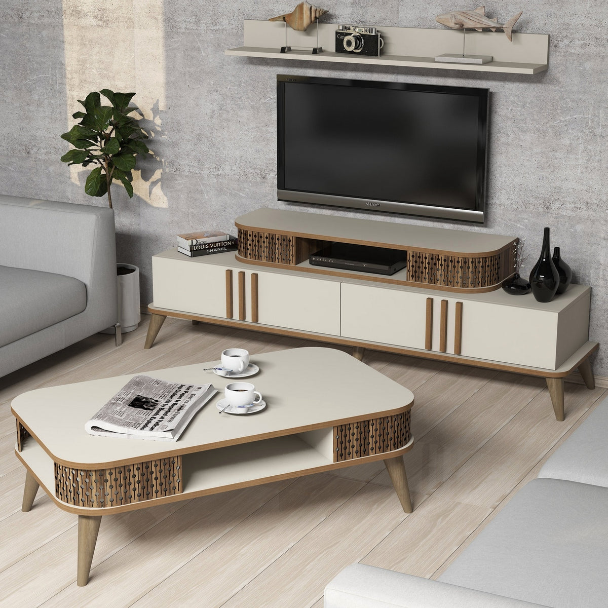 Σετ Σαλονιού Trypiti Κρεμ 168x39x51.6 εκ. Μελαμίνης