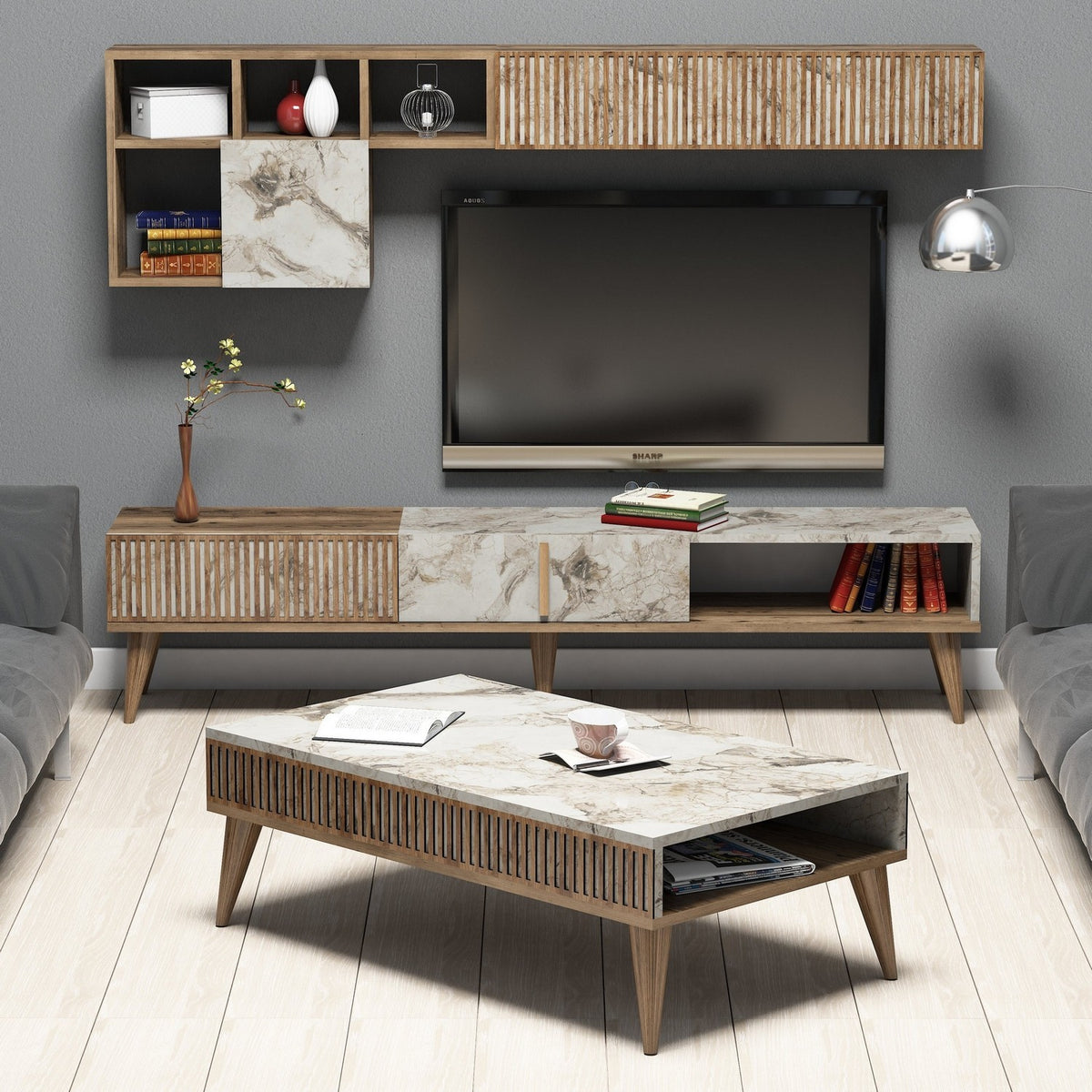 Σετ Σαλονιού Plastira Με Ράφια Καρυδί - Λευκό 180x35x40 εκ. Μελαμίνης
