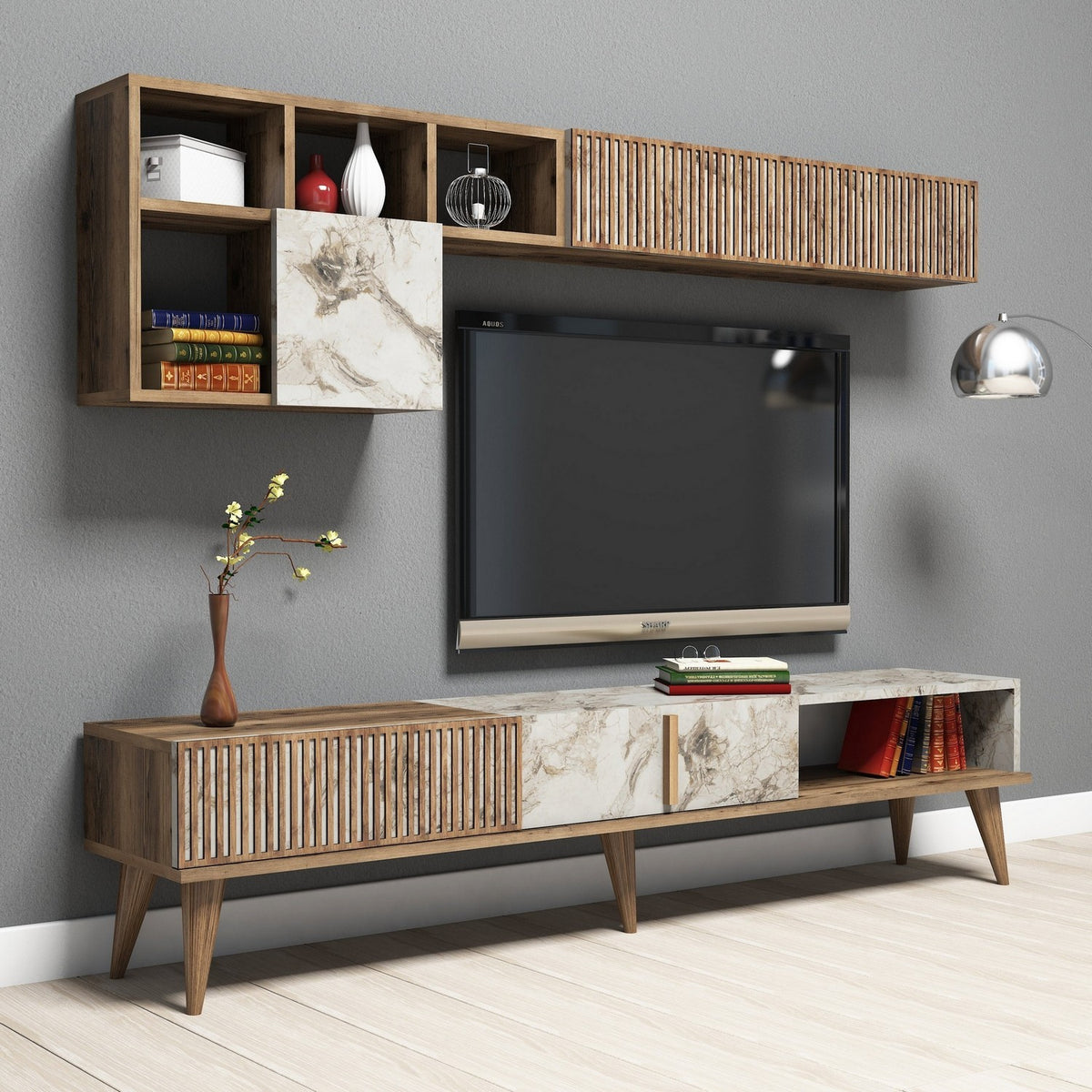 Σετ Σαλονιού Plastira Με Ράφια Καρυδί - Λευκό 180x35x40 εκ. Μελαμίνης