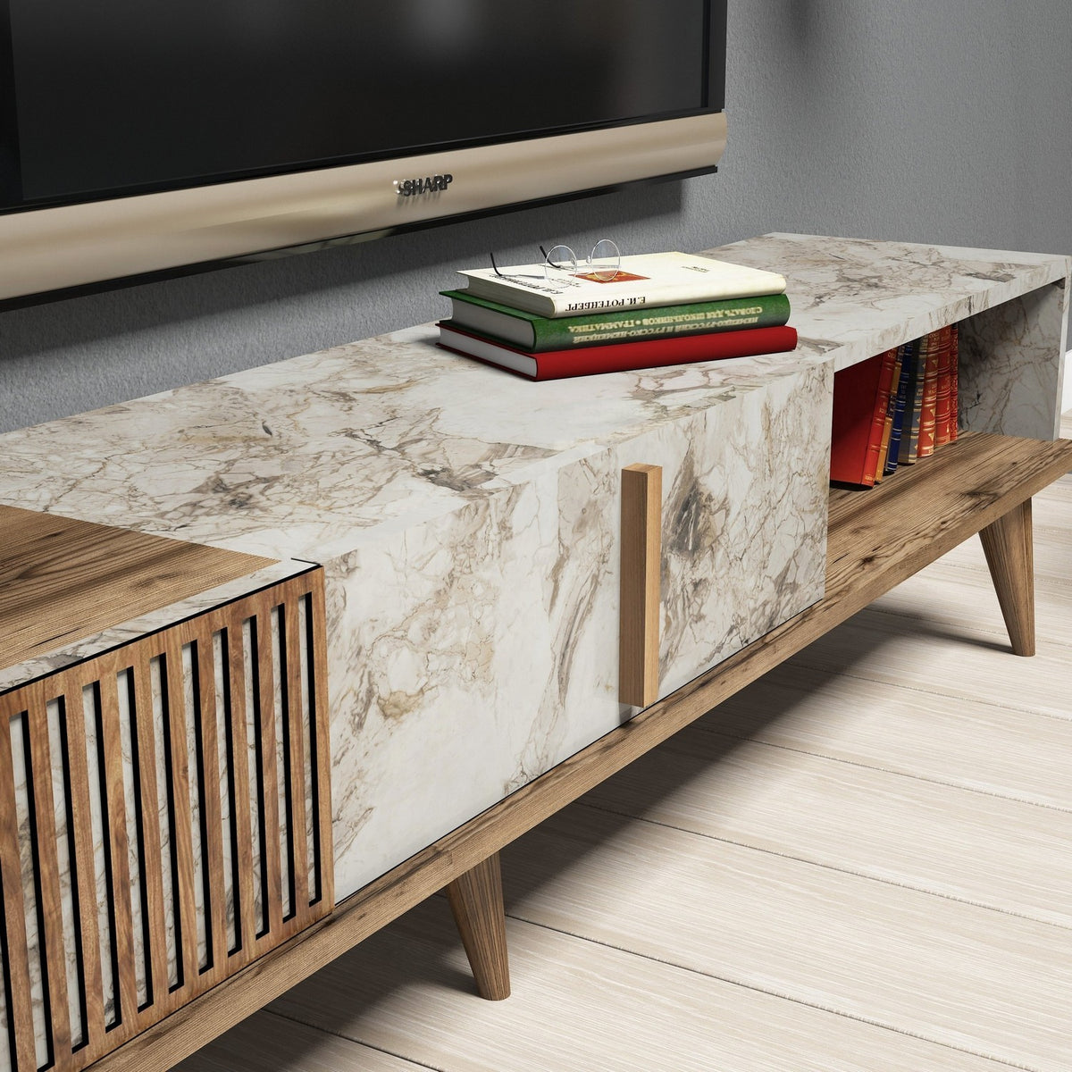 Σετ Σαλονιού Plastira Με Ράφια Καρυδί - Λευκό 180x35x40 εκ. Μελαμίνης