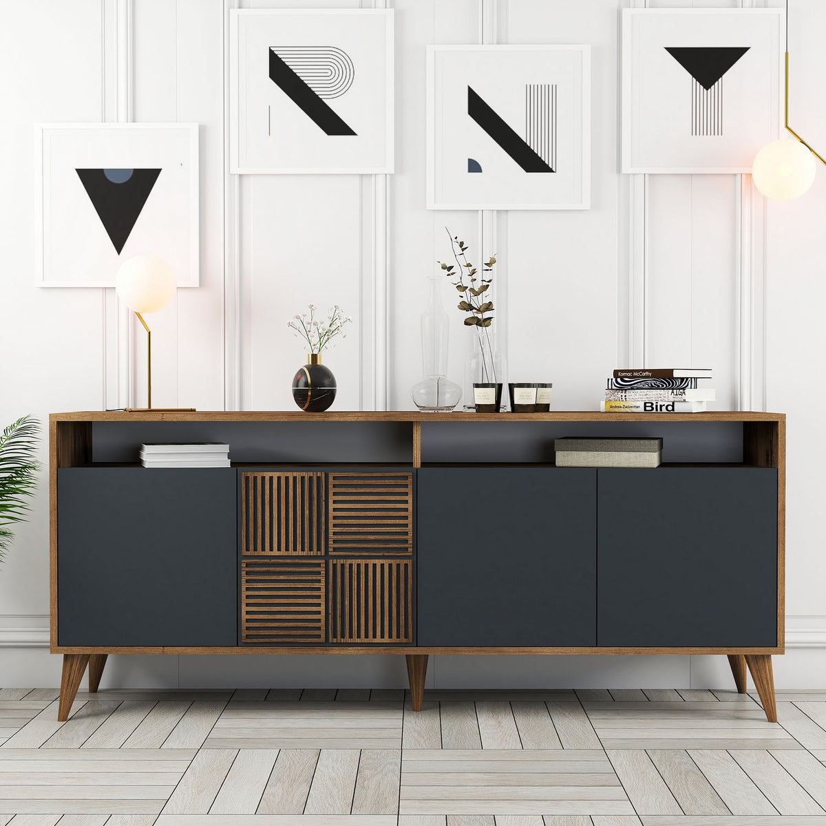 Κονσόλα Plastira Με Ράφια Καρυδί - Ανθρακί 180x35x78 εκ. Μελαμίνης