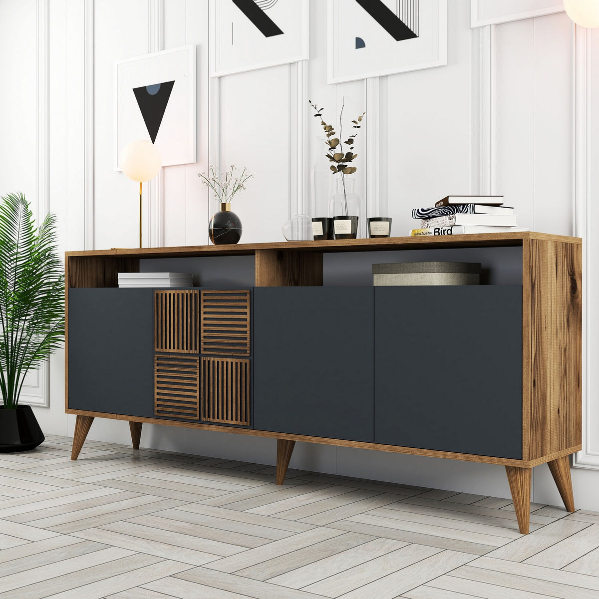 Κονσόλα Plastira Με Ράφια Καρυδί - Ανθρακί 180x35x78 εκ. Μελαμίνης