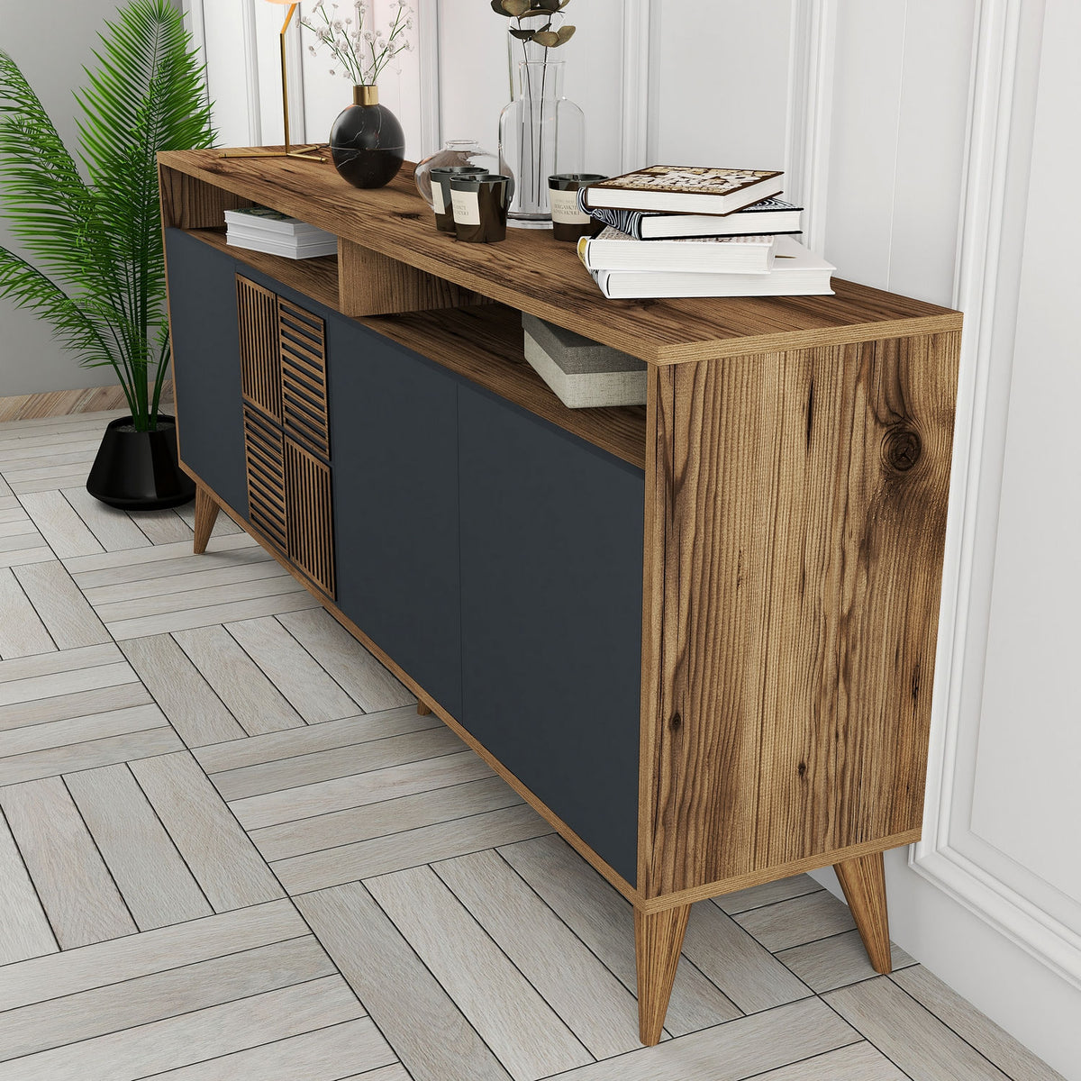 Κονσόλα Plastira Με Ράφια Καρυδί - Ανθρακί 180x35x78 εκ. Μελαμίνης