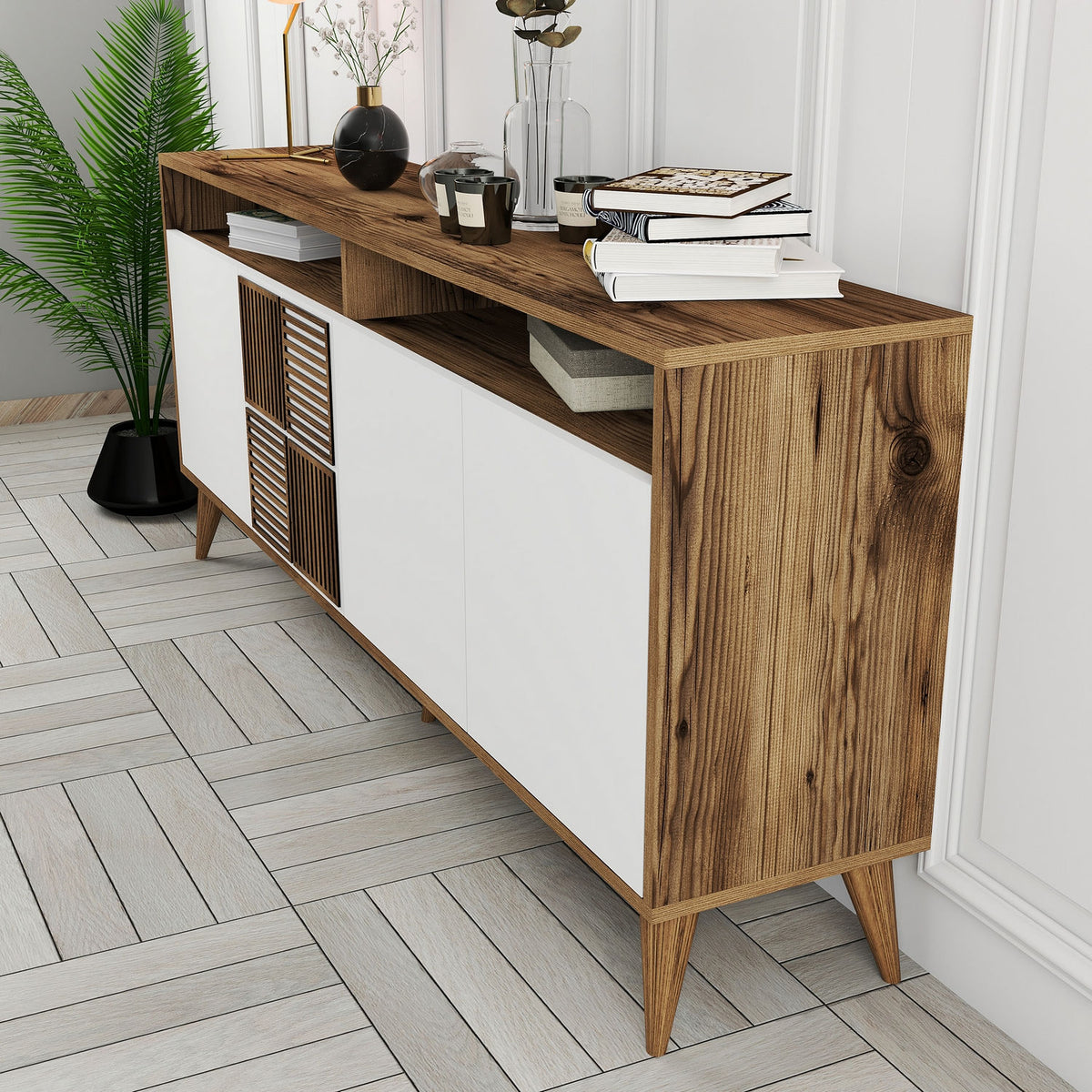 Κονσόλα Plastira Με Ράφια Καρυδί - Λευκό 180x35x78 εκ. Μελαμίνης