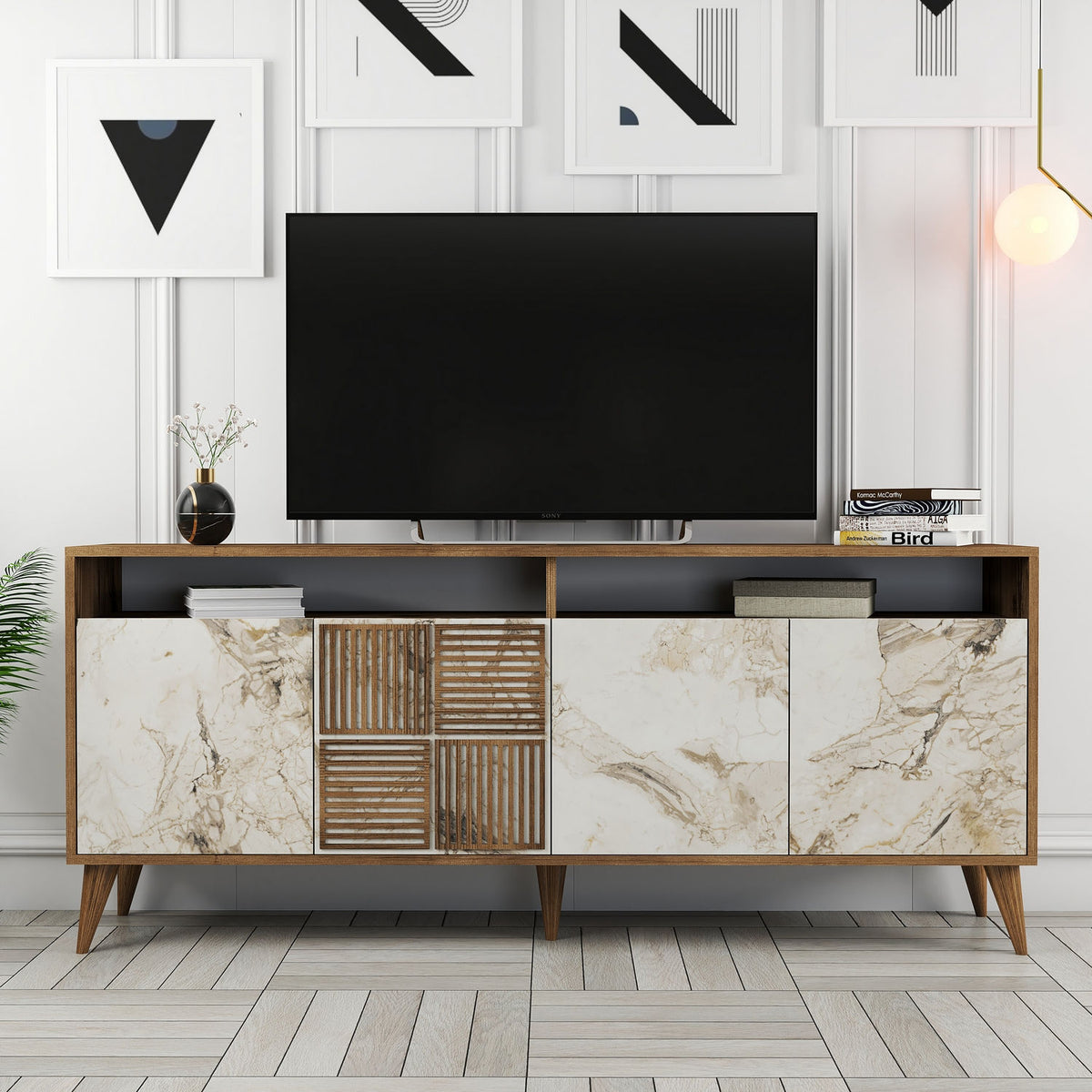 Κονσόλα Plastira Με Ράφια Καρυδί - Λευκό Μάρμαρο 180x35x78 εκ. Μελαμίνης