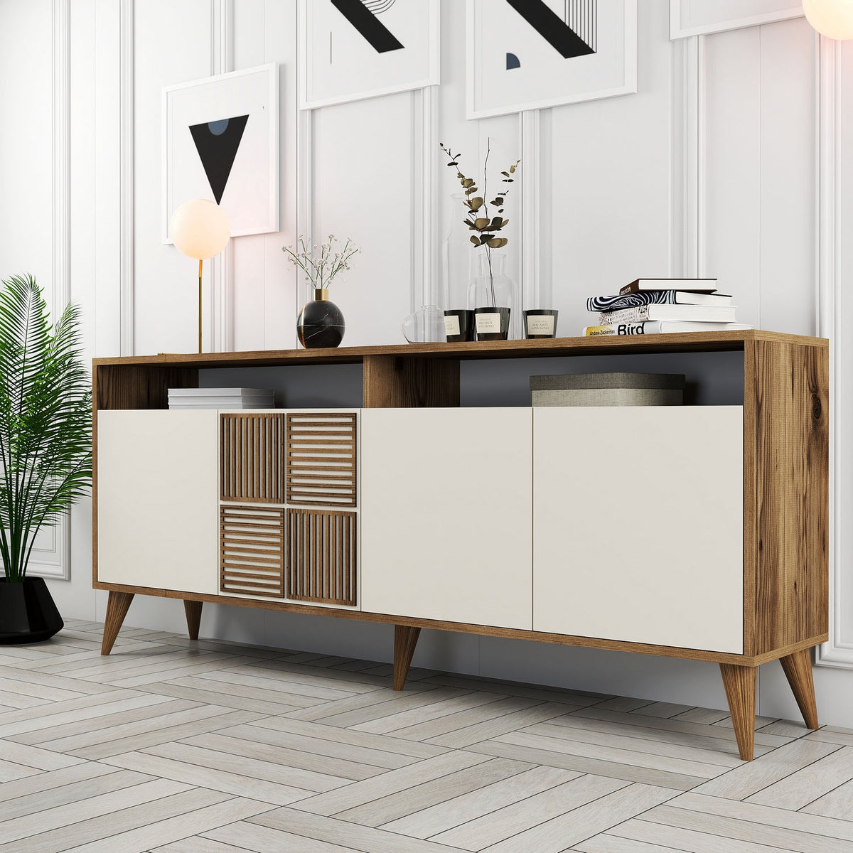 Κονσόλα Plastira Με Ράφια Καρυδί - Κρεμ 180x35x78 εκ. Μελαμίνης