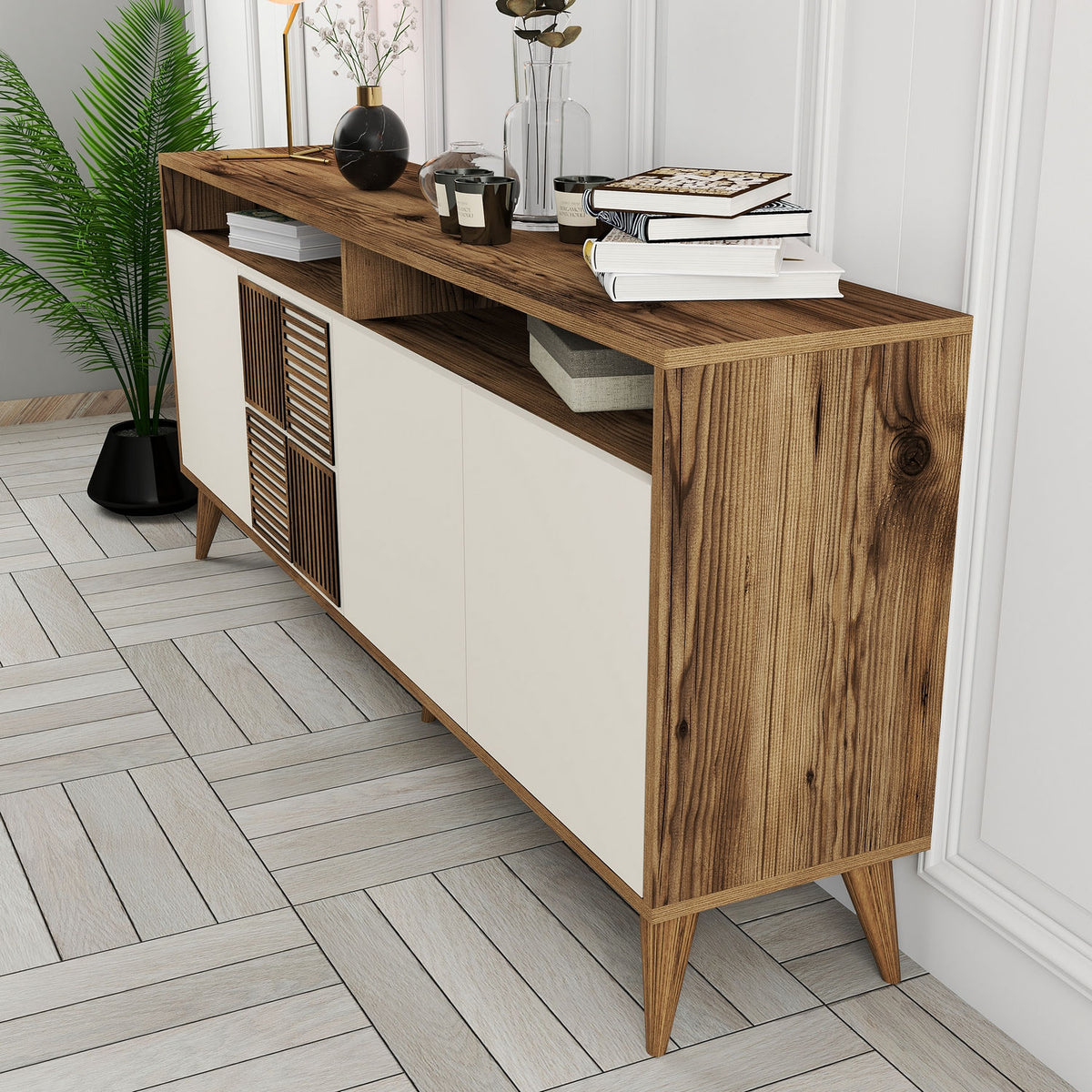 Κονσόλα Plastira Με Ράφια Καρυδί - Κρεμ 180x35x78 εκ. Μελαμίνης