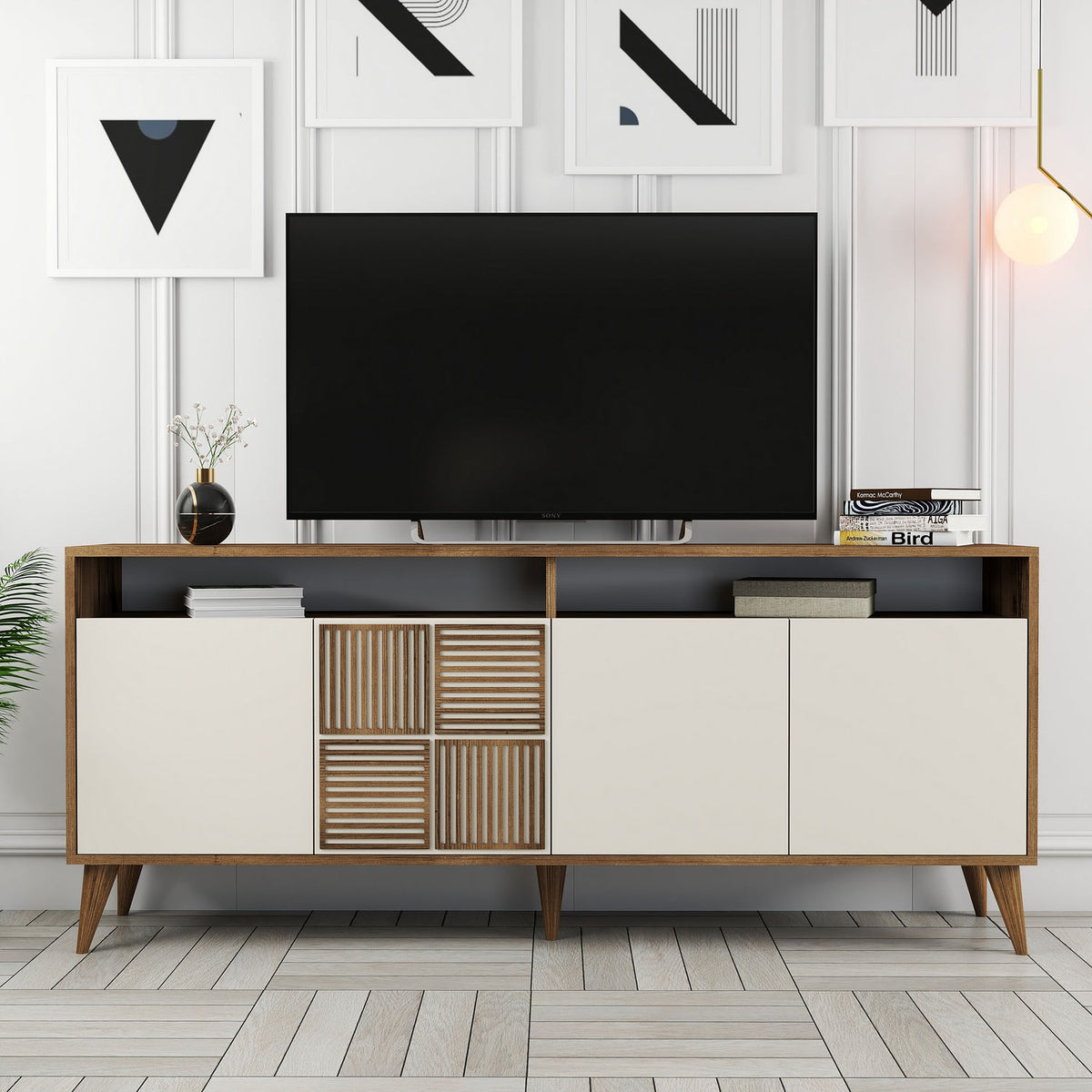 Κονσόλα Plastira Με Ράφια Καρυδί - Κρεμ 180x35x78 εκ. Μελαμίνης