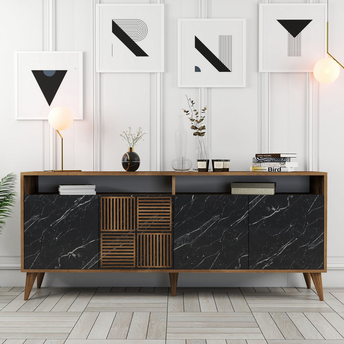 Κονσόλα Plastira Με Ράφια Καρυδί - Μαύρο 180x35x78 εκ. Μελαμίνης