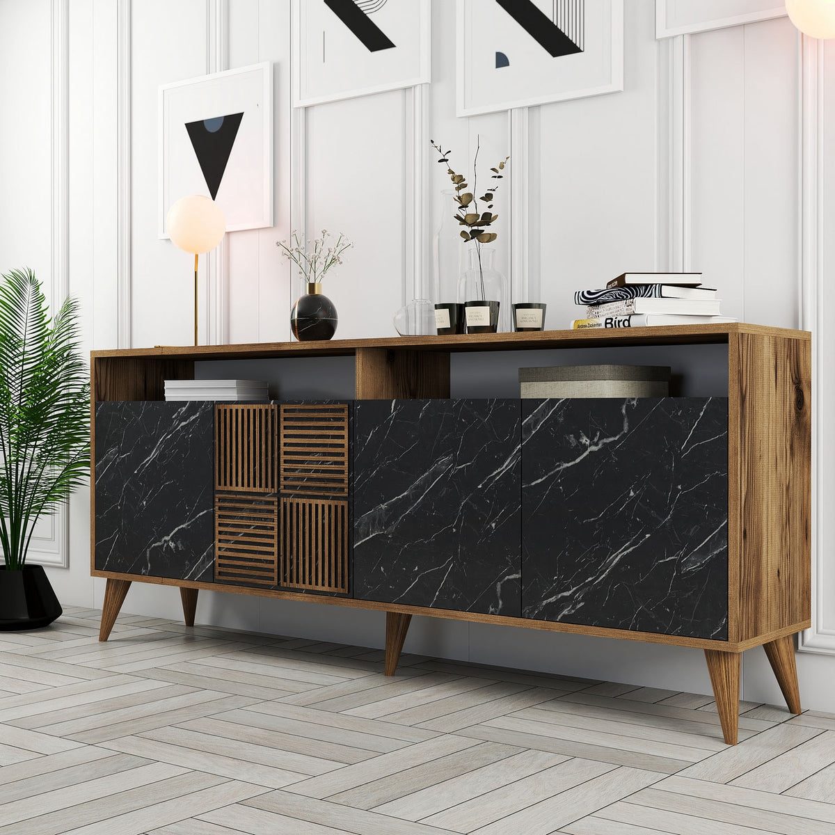 Κονσόλα Plastira Με Ράφια Καρυδί - Μαύρο 180x35x78 εκ. Μελαμίνης