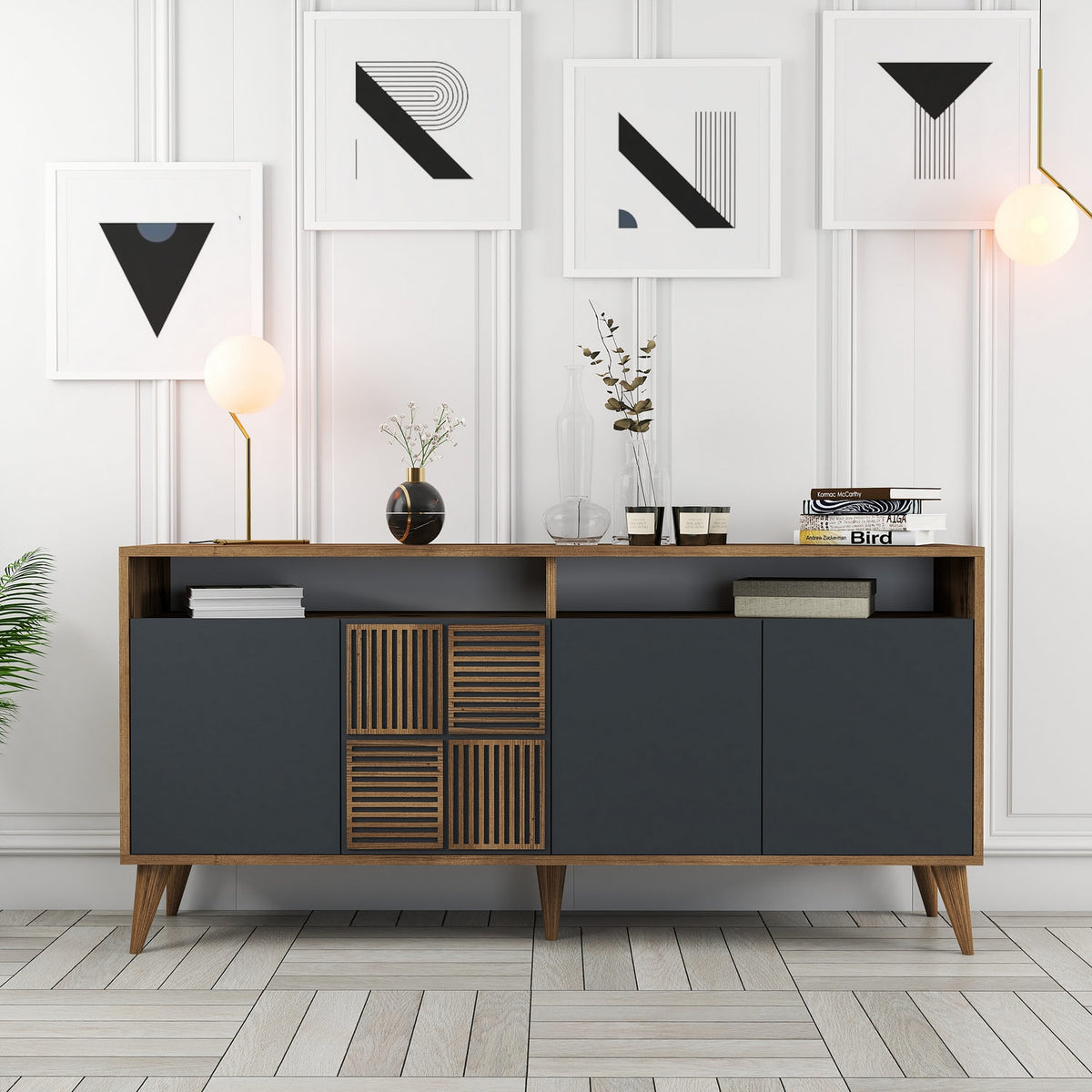 Κονσόλα Plastira Με Ράφια Καρυδί - Ανθρακί 160x35x78 εκ. Μελαμίνης