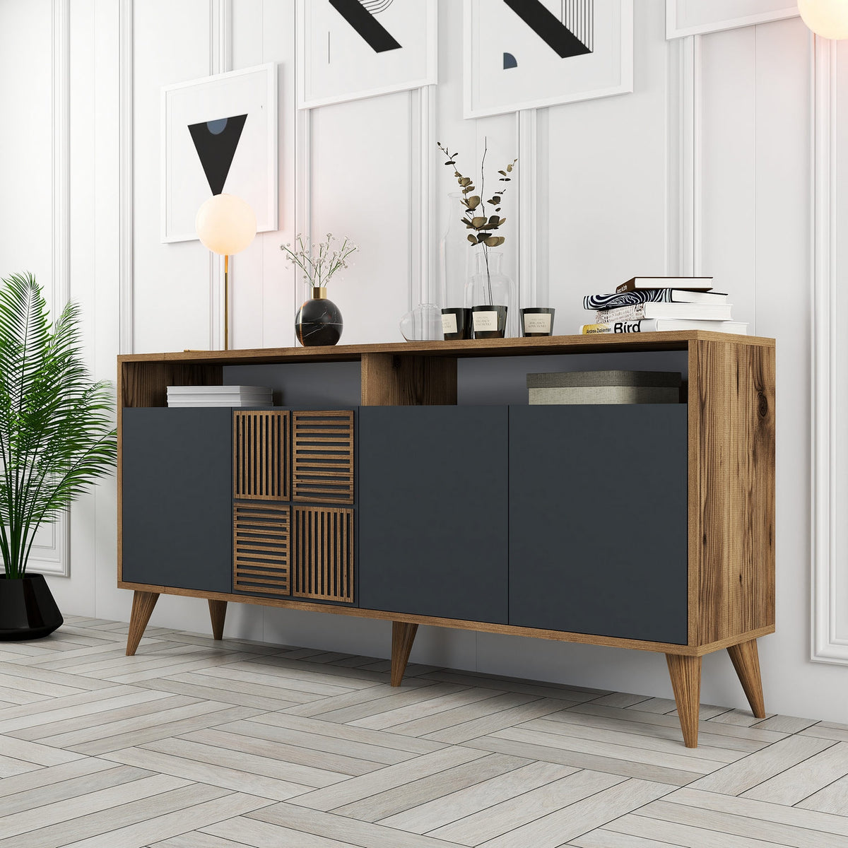 Κονσόλα Plastira Με Ράφια Καρυδί - Ανθρακί 160x35x78 εκ. Μελαμίνης
