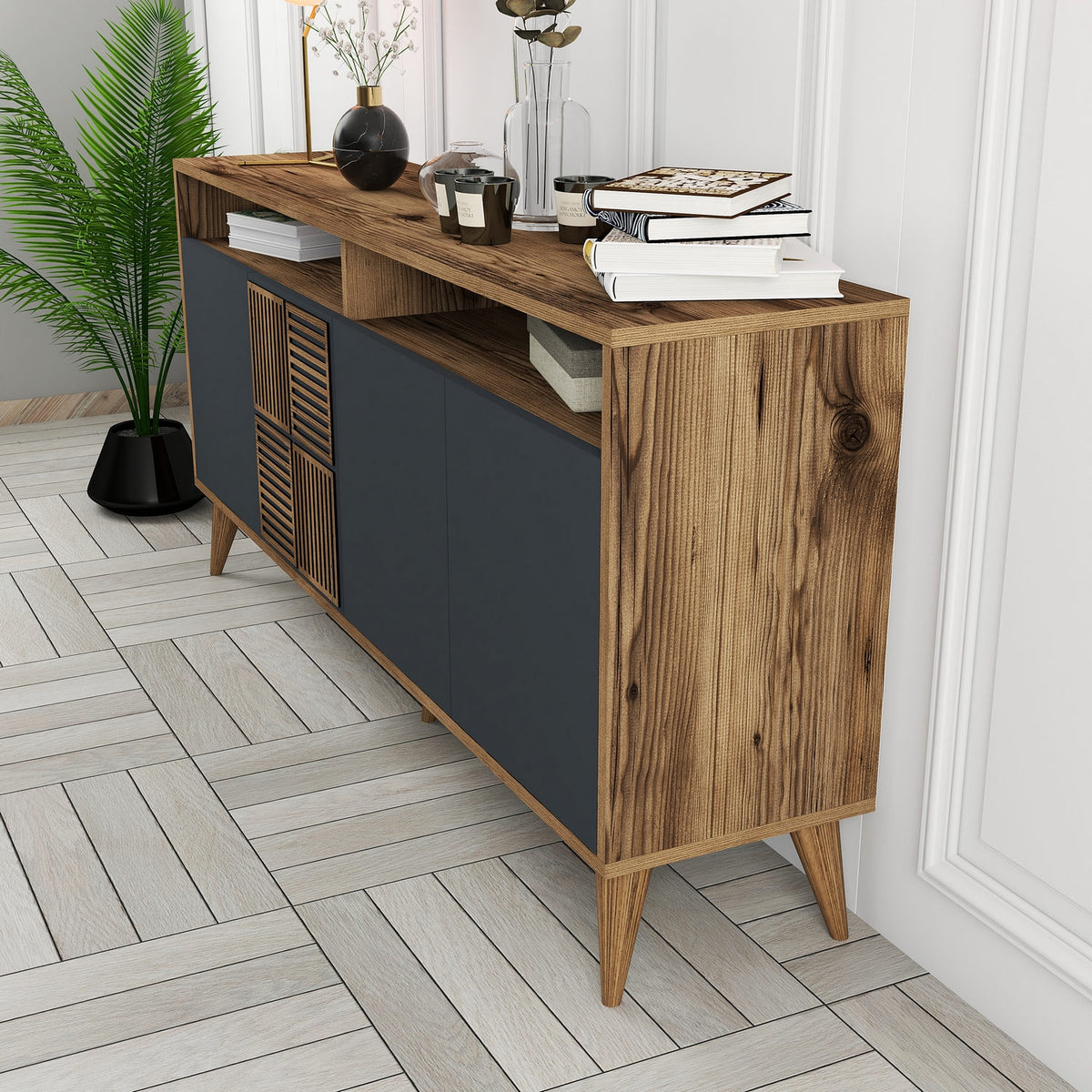Κονσόλα Plastira Με Ράφια Καρυδί - Ανθρακί 160x35x78 εκ. Μελαμίνης