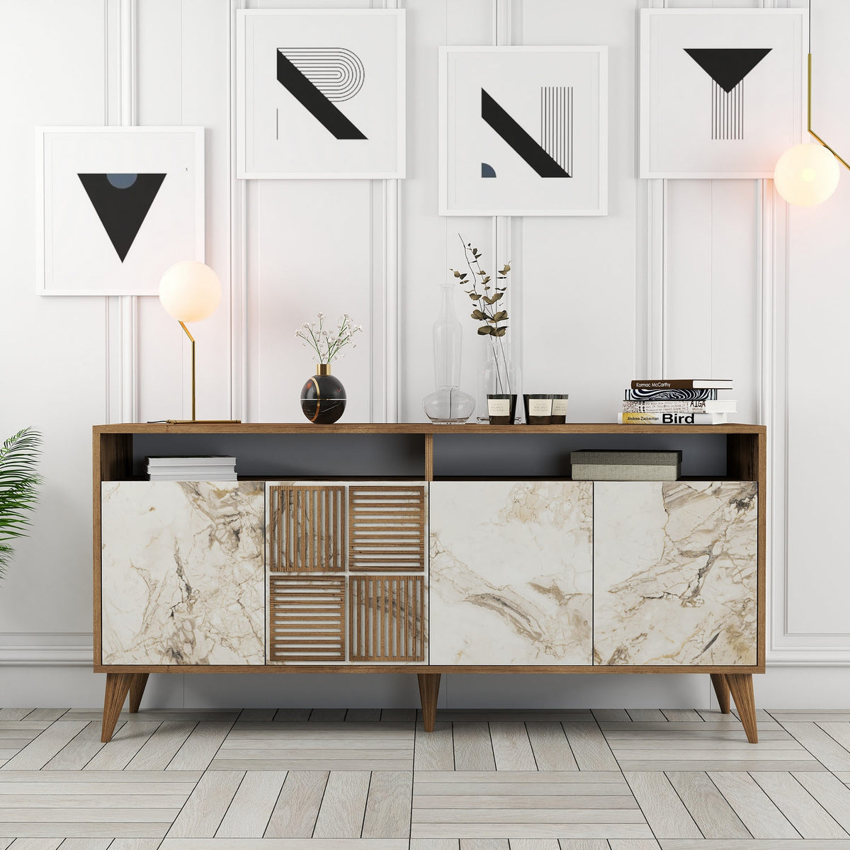 Κονσόλα Plastira Με Ράφια Καρυδί - Λευκό Μάρμαρο 160x35x78 εκ. Μελαμίνης