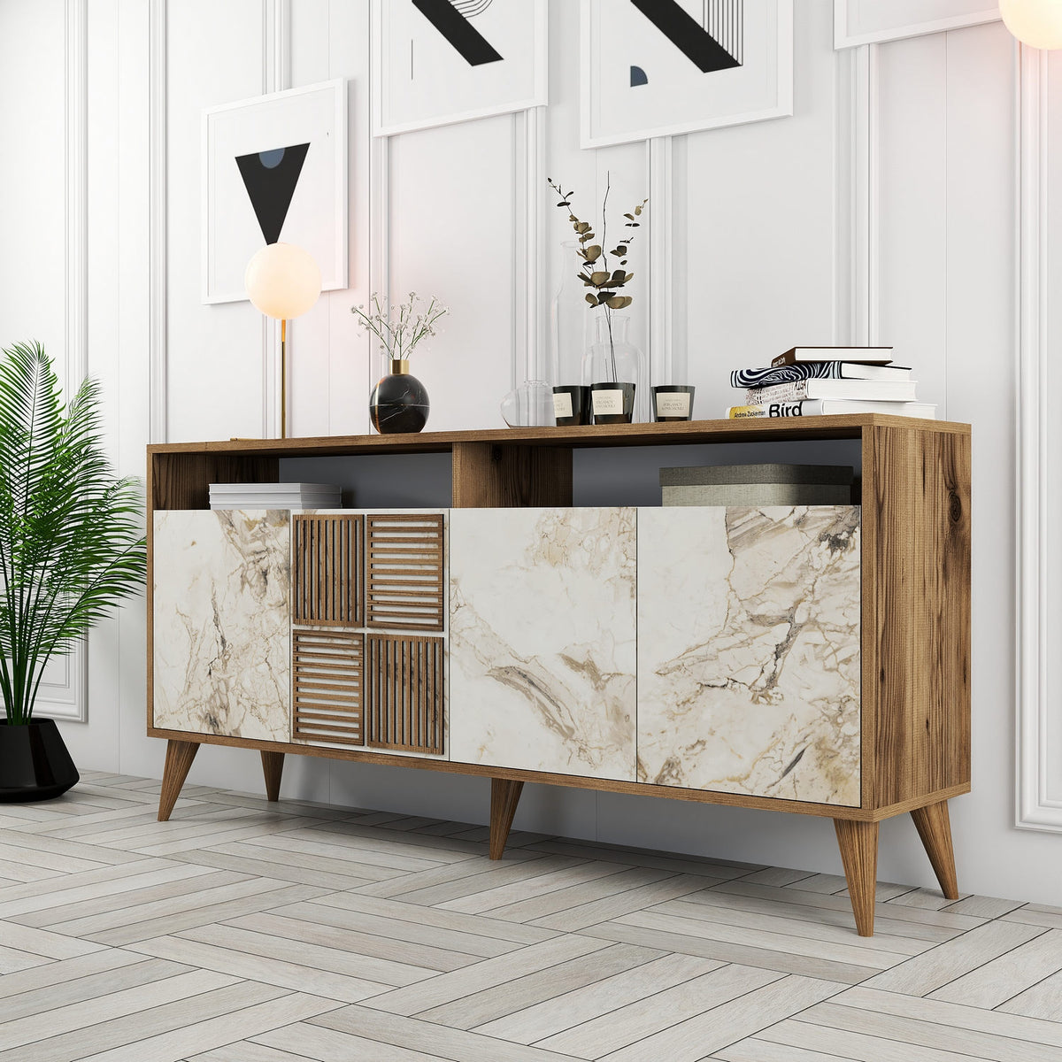 Κονσόλα Plastira Με Ράφια Καρυδί - Λευκό Μάρμαρο 160x35x78 εκ. Μελαμίνης