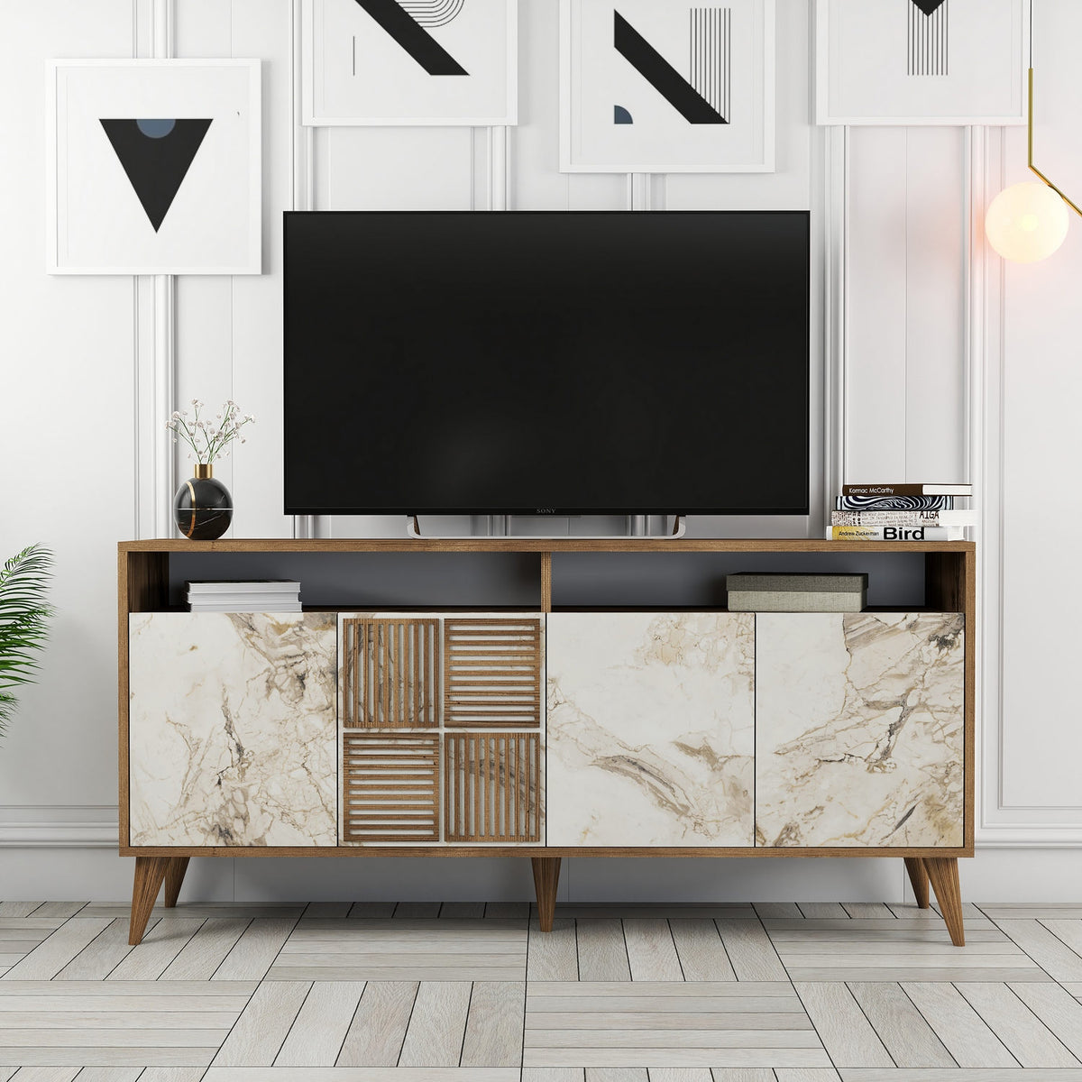 Κονσόλα Plastira Με Ράφια Καρυδί - Λευκό Μάρμαρο 160x35x78 εκ. Μελαμίνης