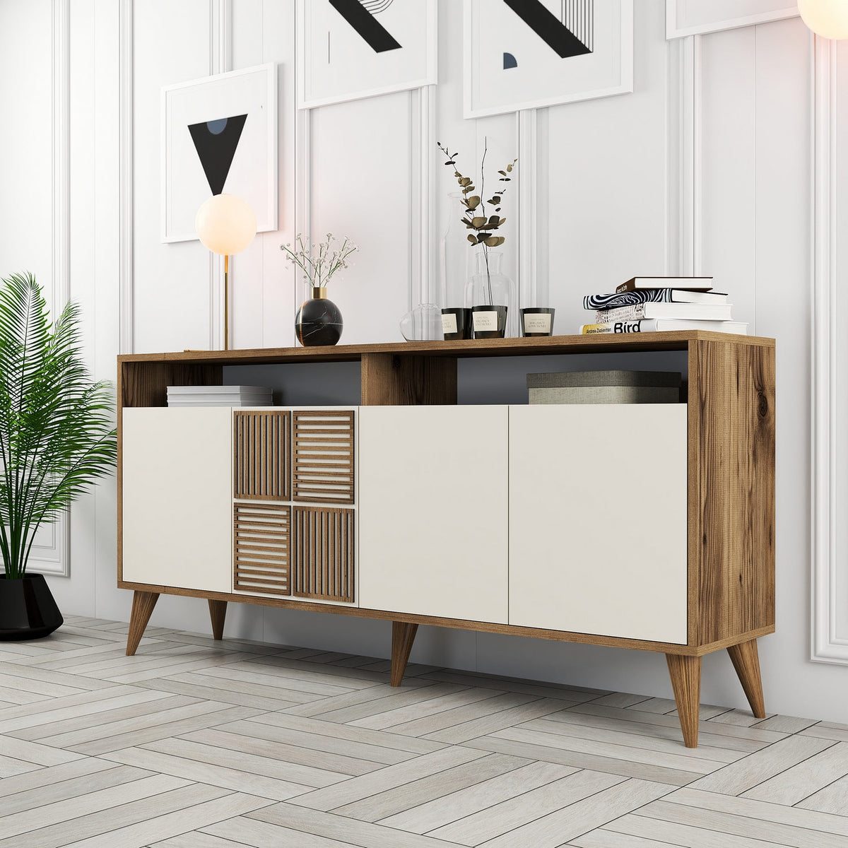 Κονσόλα Plastira Με Ράφια Καρυδί - Κρεμ 160x35x78 εκ. Μελαμίνης