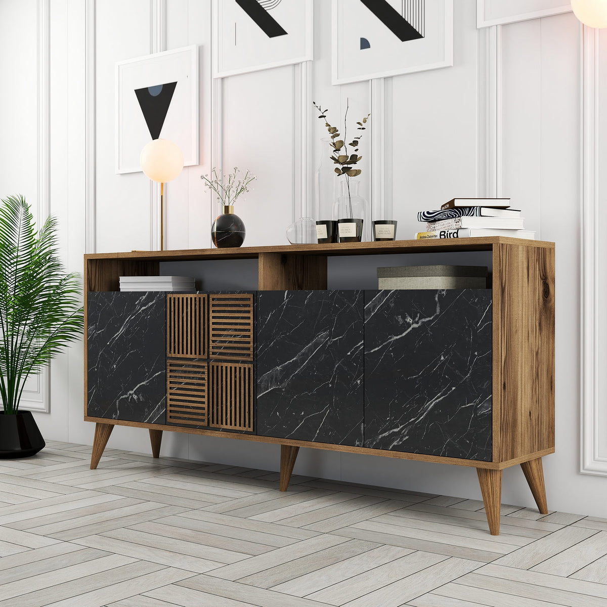 Κονσόλα Plastira Με Ράφια Καρυδί - Μαύρο Μάρμαρο 160x35x78 εκ. Μελαμίνης