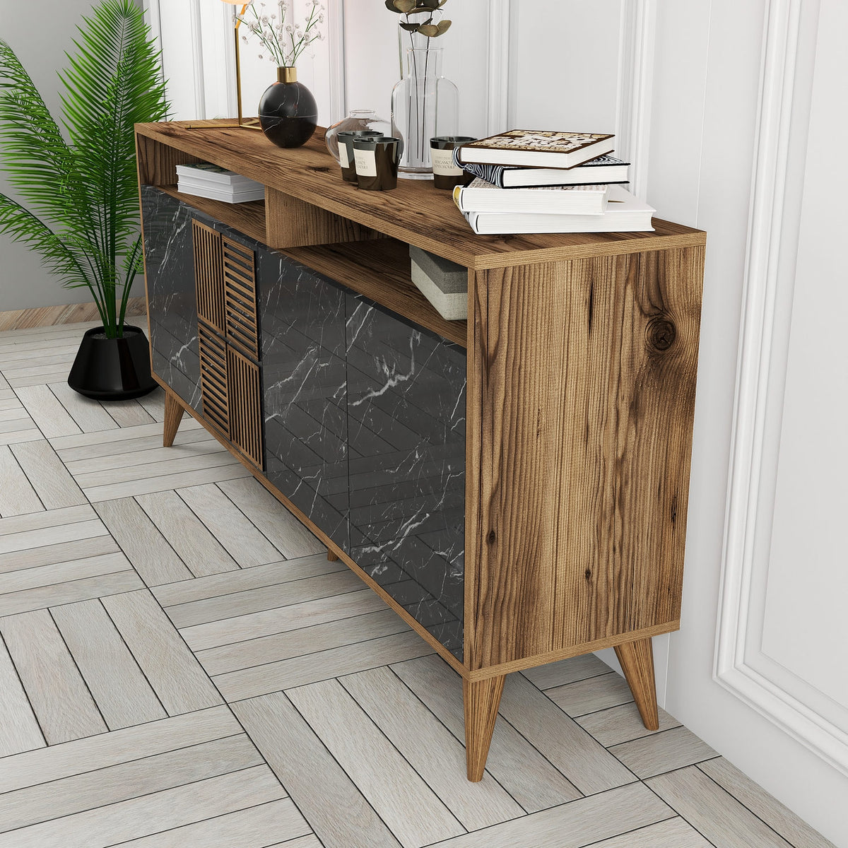 Κονσόλα Plastira Με Ράφια Καρυδί - Μαύρο Μάρμαρο 160x35x78 εκ. Μελαμίνης