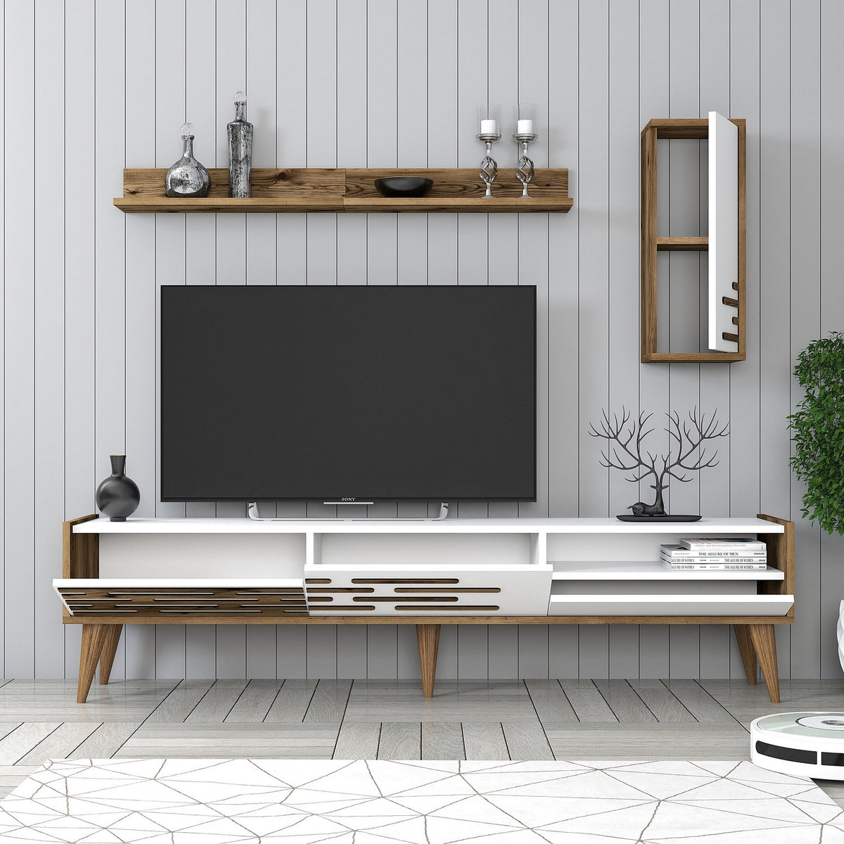 Σύνθεση Τηλεόρασης Profitis Καρυδί - Λευκό 180x45x35 εκ. Μελαμίνης