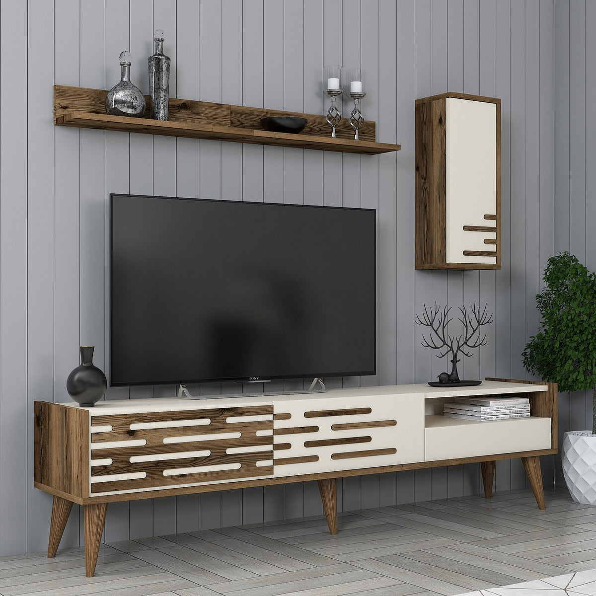 Σύνθεση Τηλεόρασης Profitis Καρυδί - Κρεμ 180x45x35 εκ. Μελαμίνης