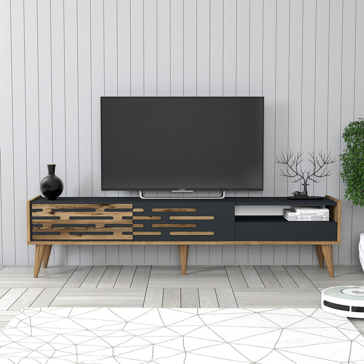 Έπιπλο Τηλεόρασης Profitis Καρυδί - Ανθρακί 180x45x35 εκ. Μελαμίνης