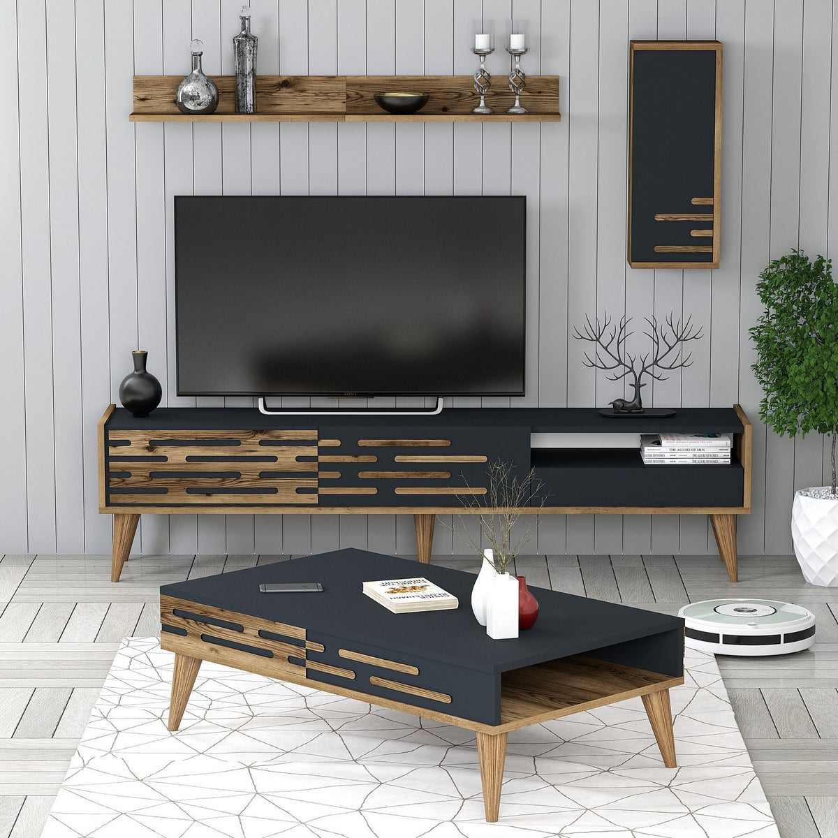 Σετ Σαλονιού Profitis Καρυδί - Ανθρακί 180x45x35 εκ. Μελαμίνης