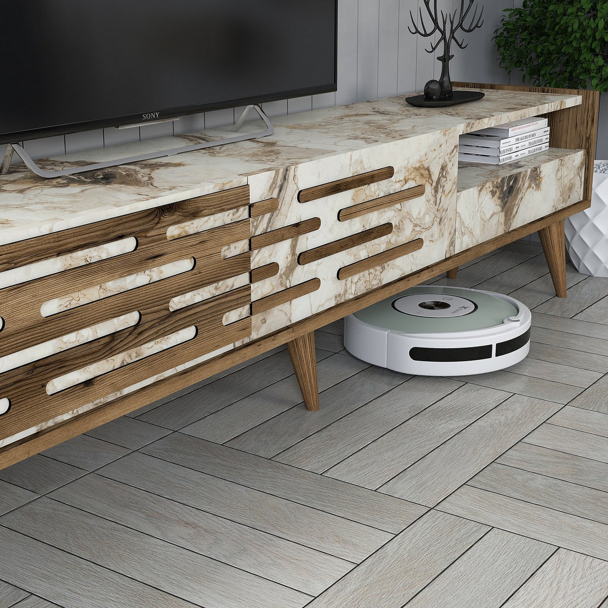 Σετ Σαλονιού Profitis Καρυδί - Λευκό Μάρμαρο 180x45x35 εκ. Μελαμίνης