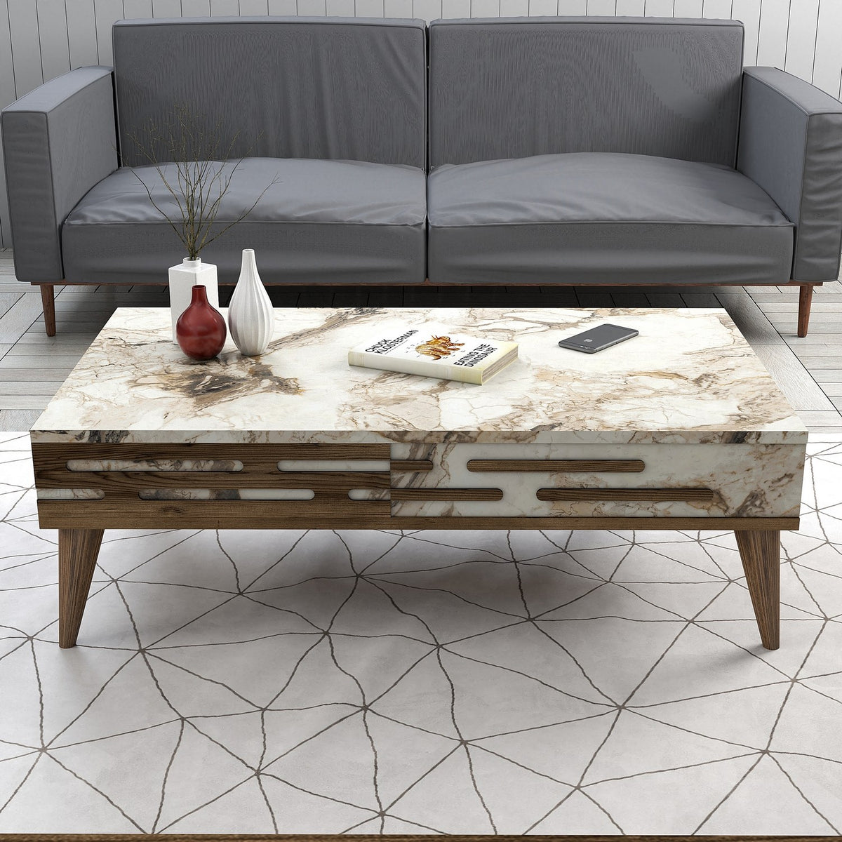 Σετ Σαλονιού Profitis Καρυδί - Λευκό Μάρμαρο 180x45x35 εκ. Μελαμίνης