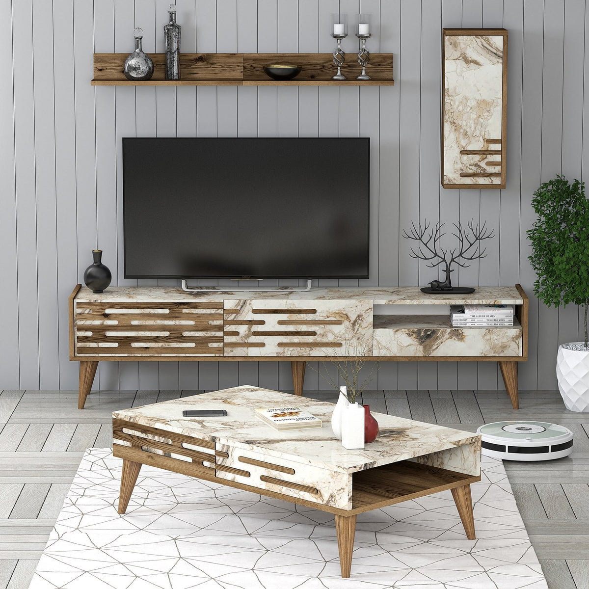 Σετ Σαλονιού Profitis Καρυδί - Λευκό Μάρμαρο 180x45x35 εκ. Μελαμίνης